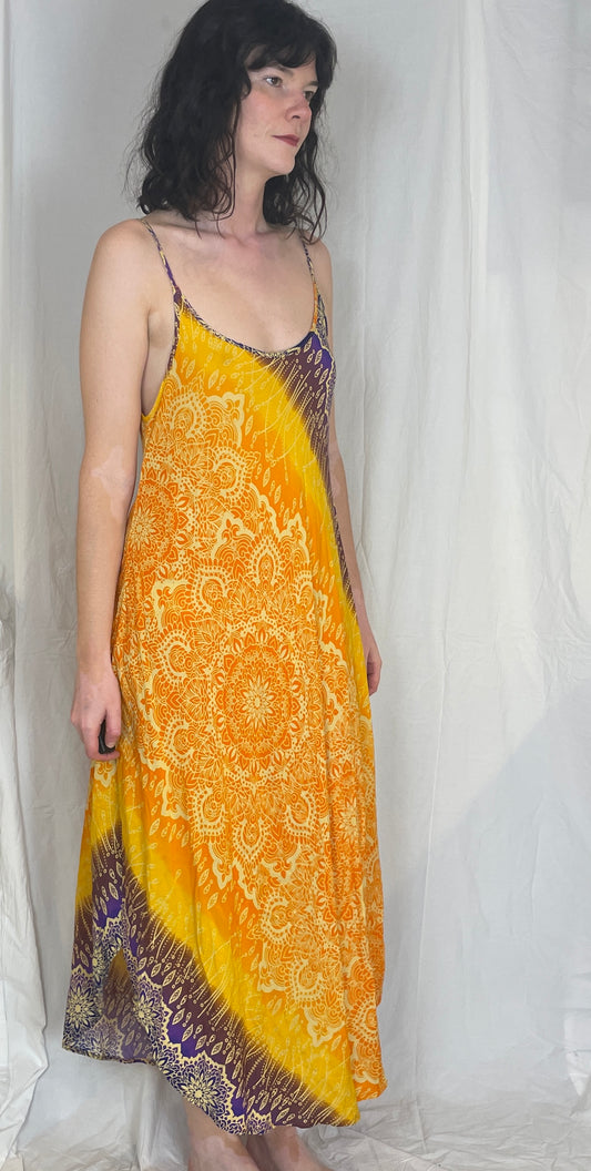 Vintage 90s Orange Printed Asymetric Hem Maxi Slip Dress - Up To Size 12