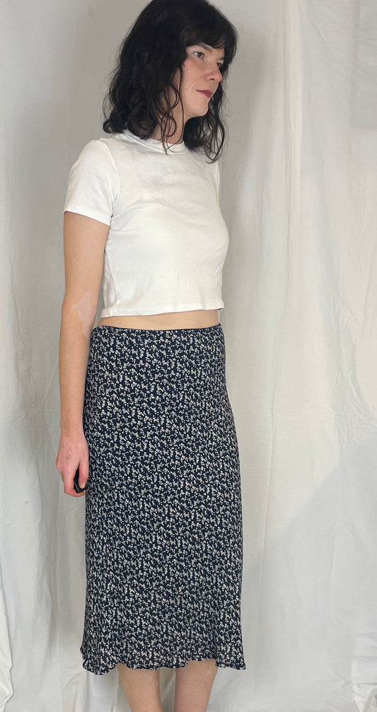 Vintage Y2k Navy Blue Ditsy Floral Elasticated Midi Skirt - Size 16