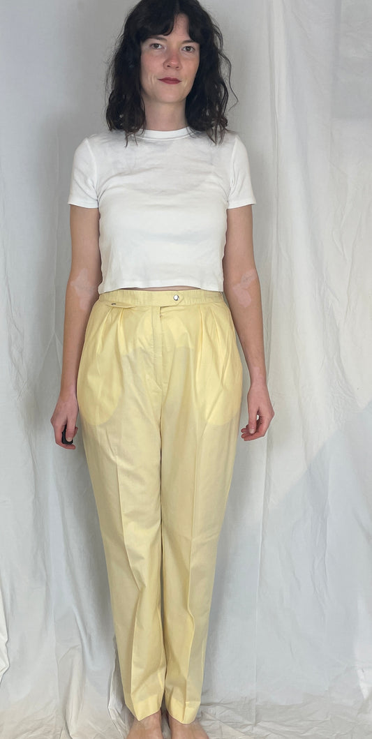Vintage 80s Pale Yellow Tailored Straight Leg Trousers - Size 12