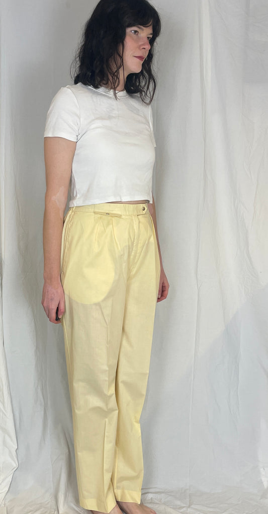 Vintage 80s Pale Yellow Tailored Straight Leg Trousers - Size 12