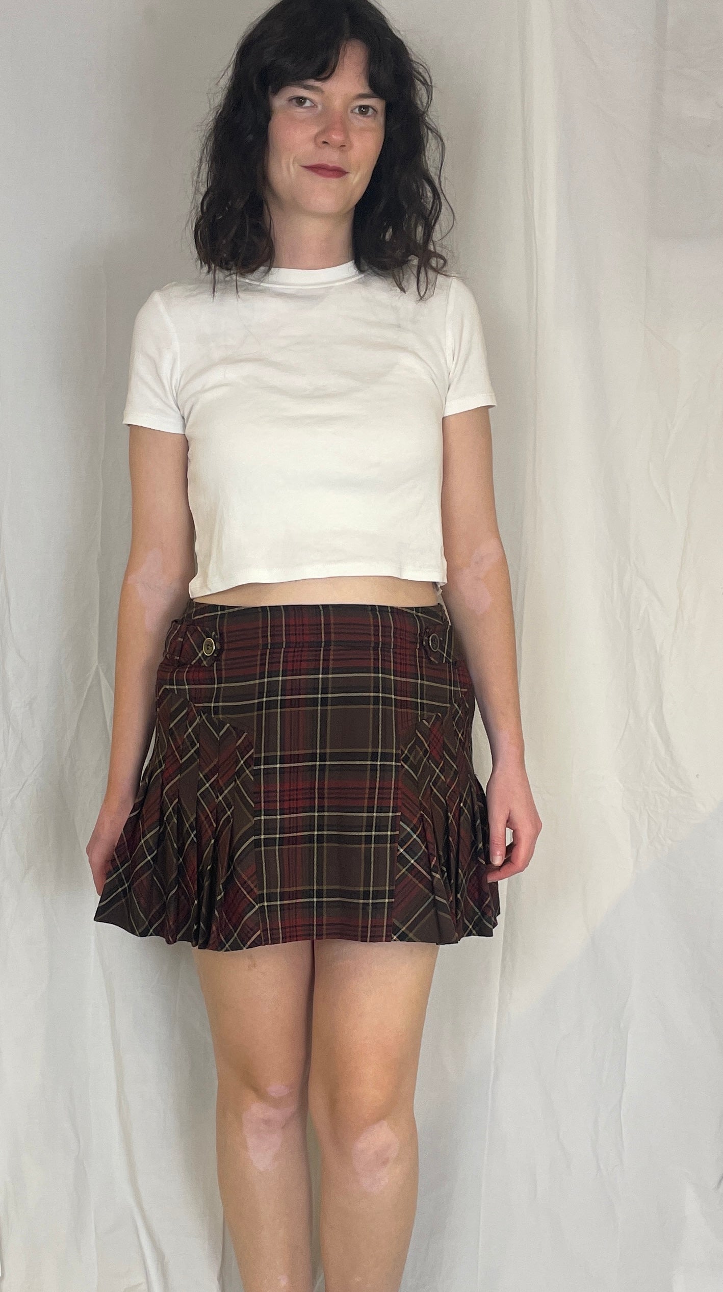 Vintage 90s Burgandy Tartan Pleated Wool Mini Skirt - Size 12