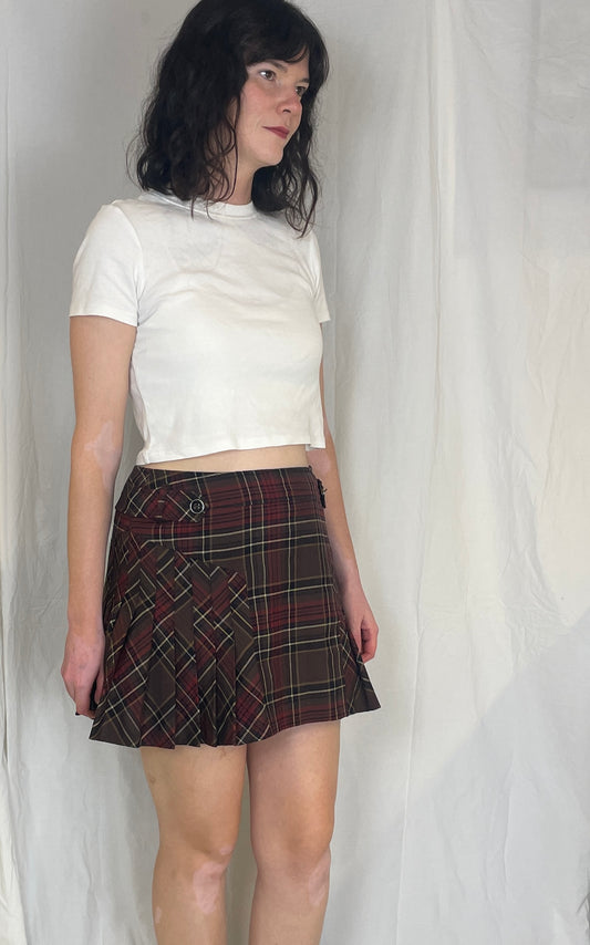 Vintage 90s Burgandy Tartan Pleated Wool Mini Skirt - Size 12