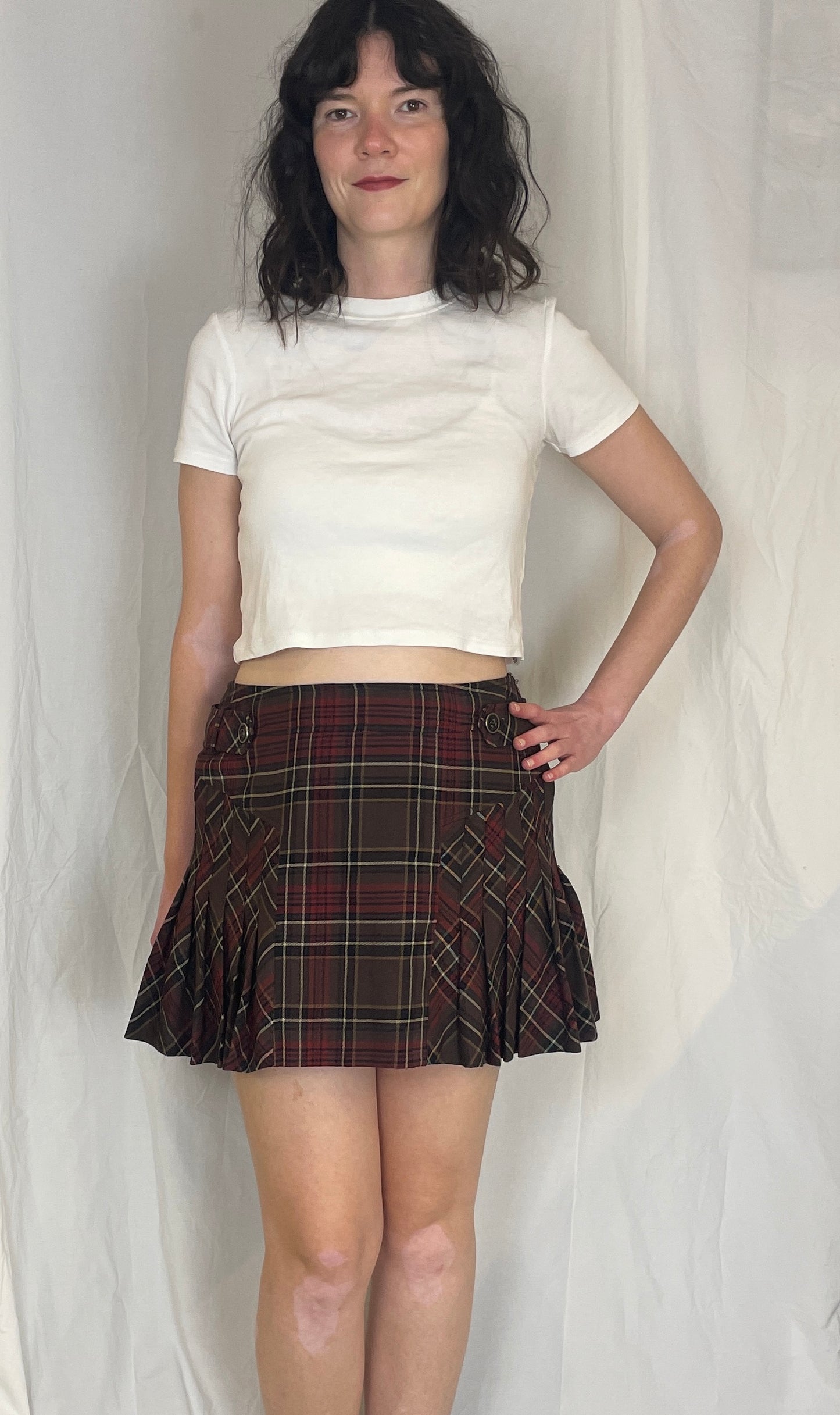 Vintage 90s Burgandy Tartan Pleated Wool Mini Skirt - Size 12