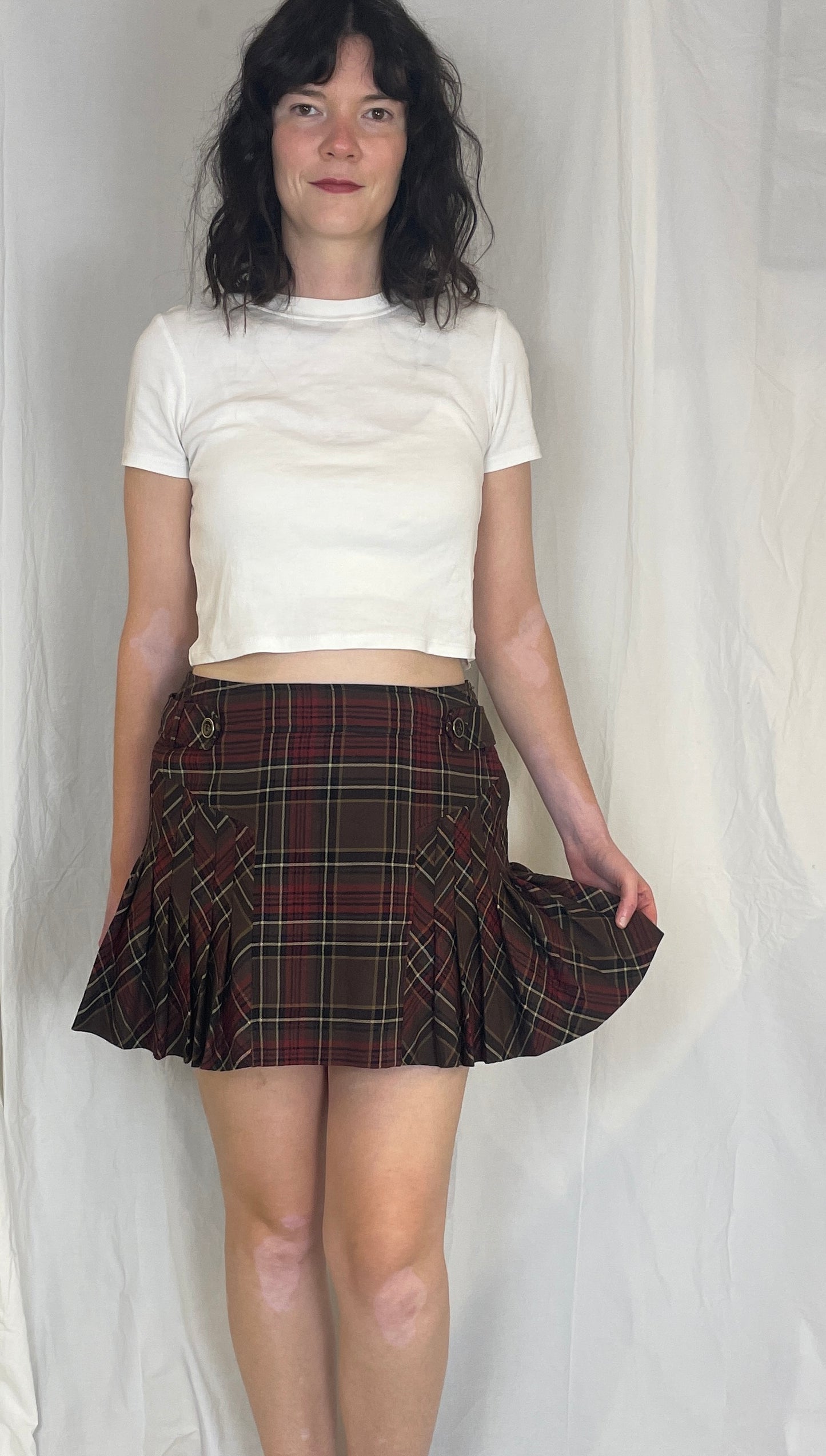 Vintage 90s Burgandy Tartan Pleated Wool Mini Skirt - Size 12