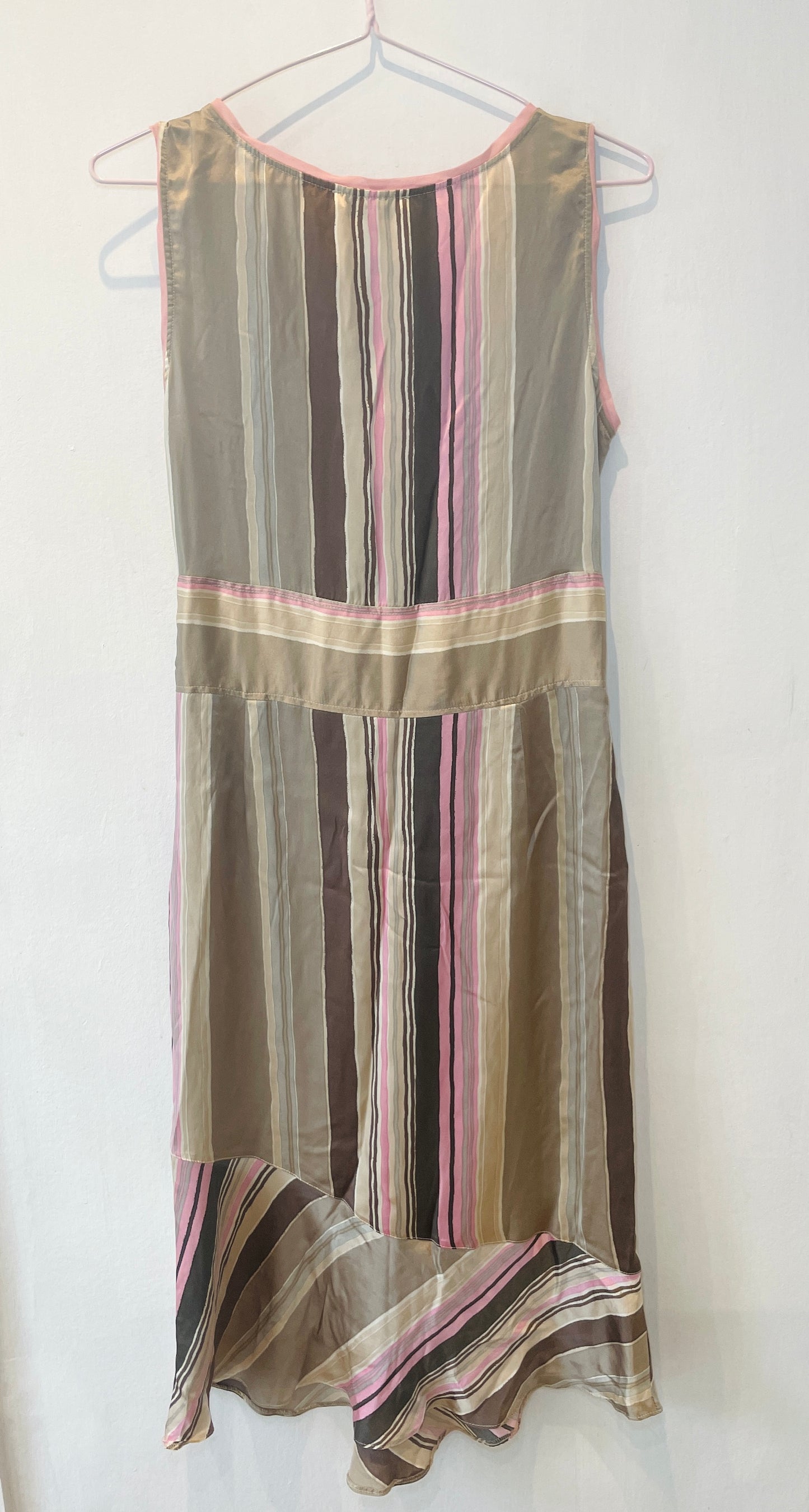 Vintage 90s Pink Striped Ruffle Hem Silk Midi Dress - Up To Size 10