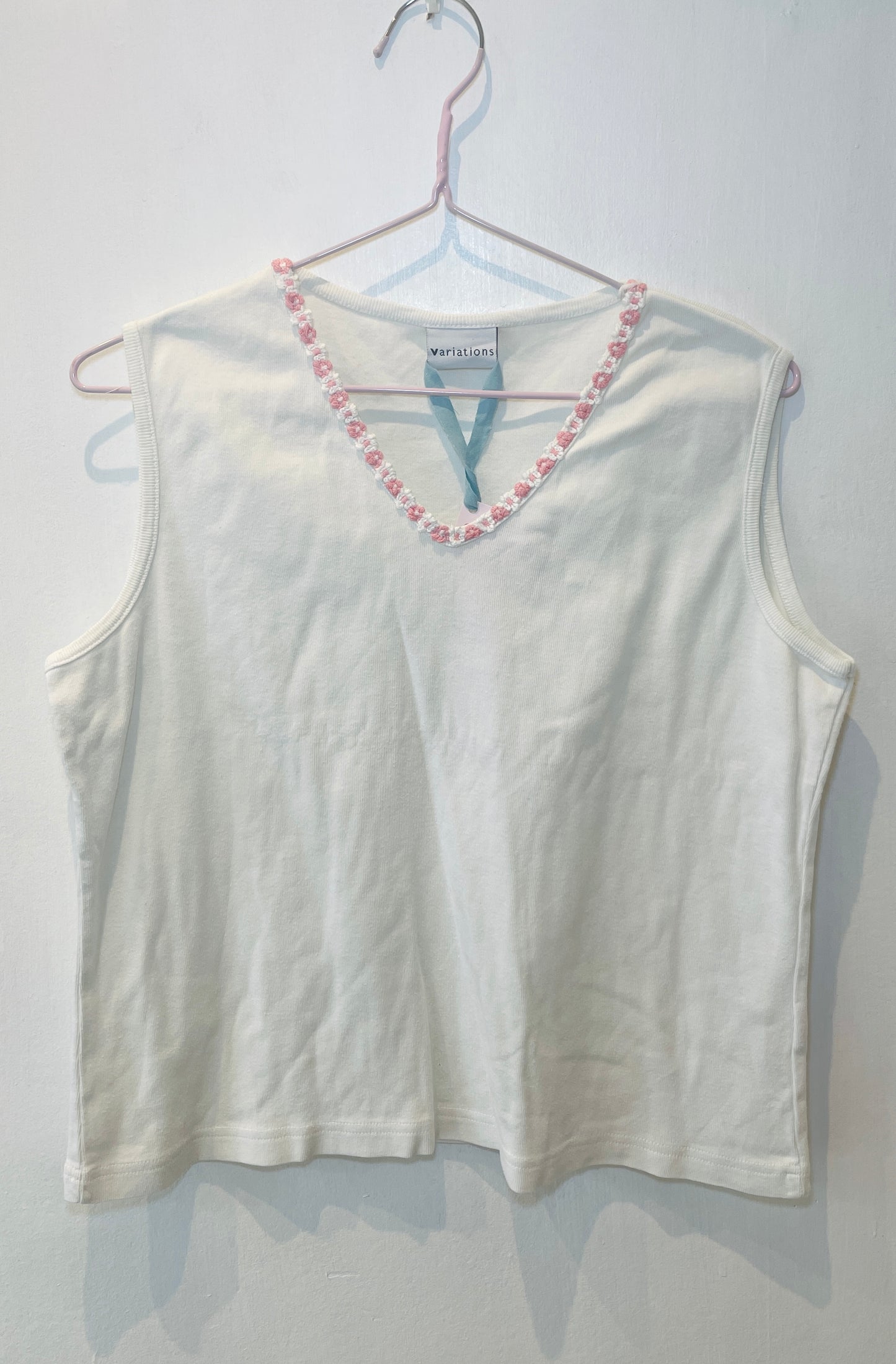 Vintage 90s White Cotton Jersey Embroidered Vest Top - Up To Size 14