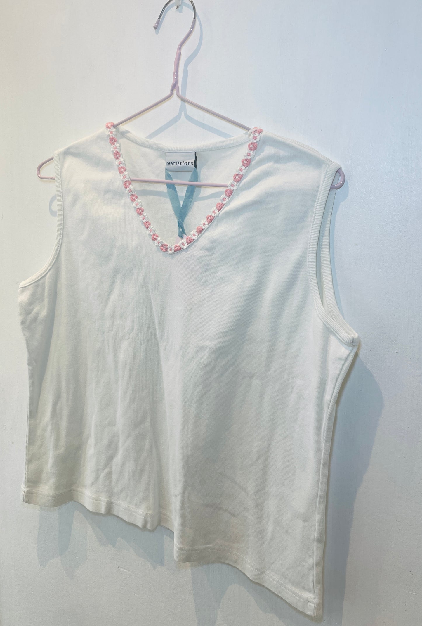 Vintage 90s White Cotton Jersey Embroidered Vest Top - Up To Size 14