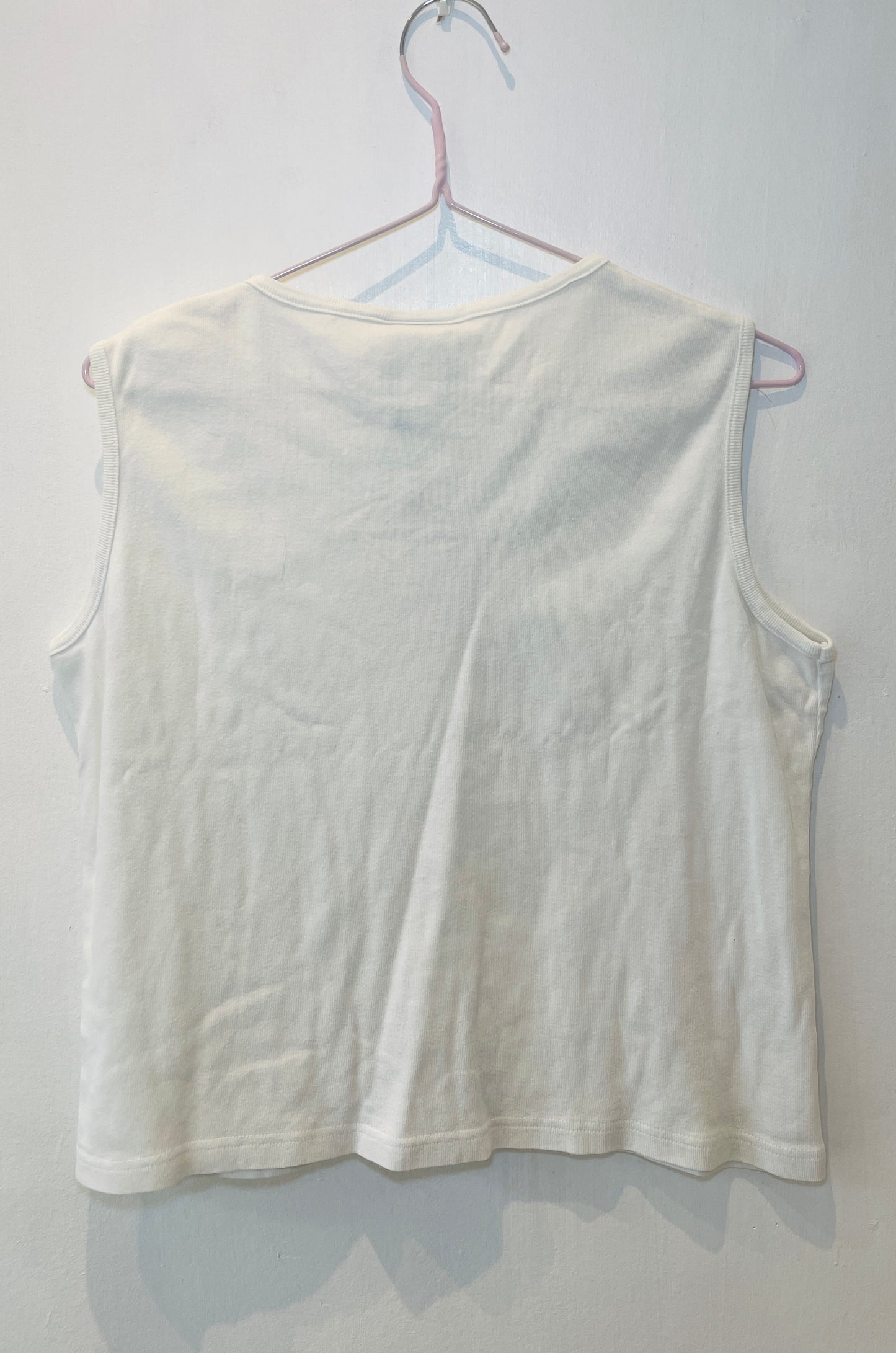 Vintage 90s White Cotton Jersey Embroidered Vest Top - Up To Size 14