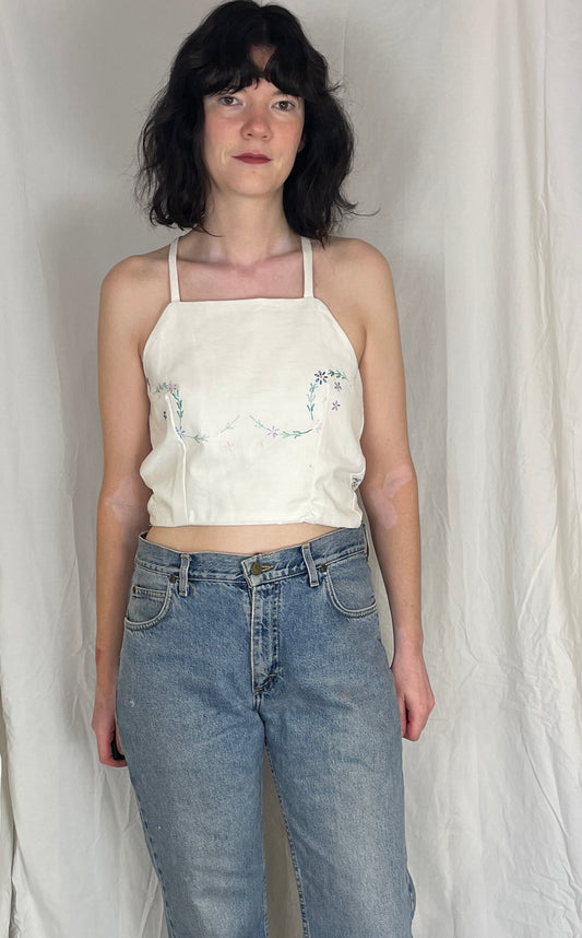 Zarah Handmade White Linen Floral Embroidered Tie Back Crop Top - Up To Size 10