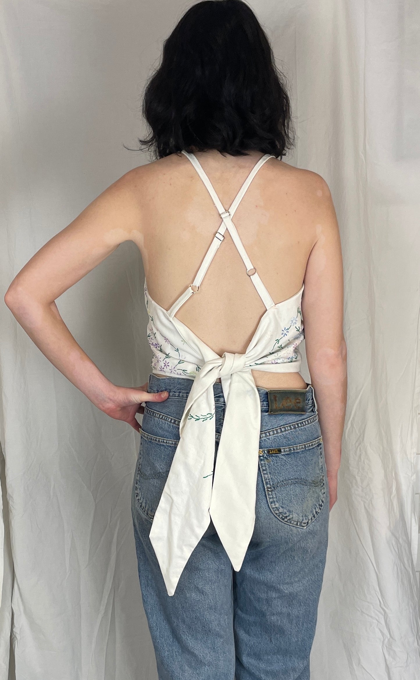 Zarah Handmade White Linen Floral Embroidered Tie Back Crop Top - Up To Size 10