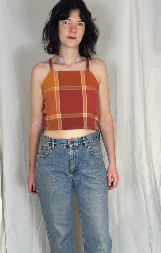 Zarah Handmade Orange Checked Cross Strap Tie Back Crop Top - Up To Size 10