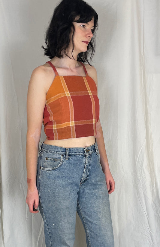 Zarah Handmade Orange Checked Cross Strap Tie Back Crop Top - Up To Size 10