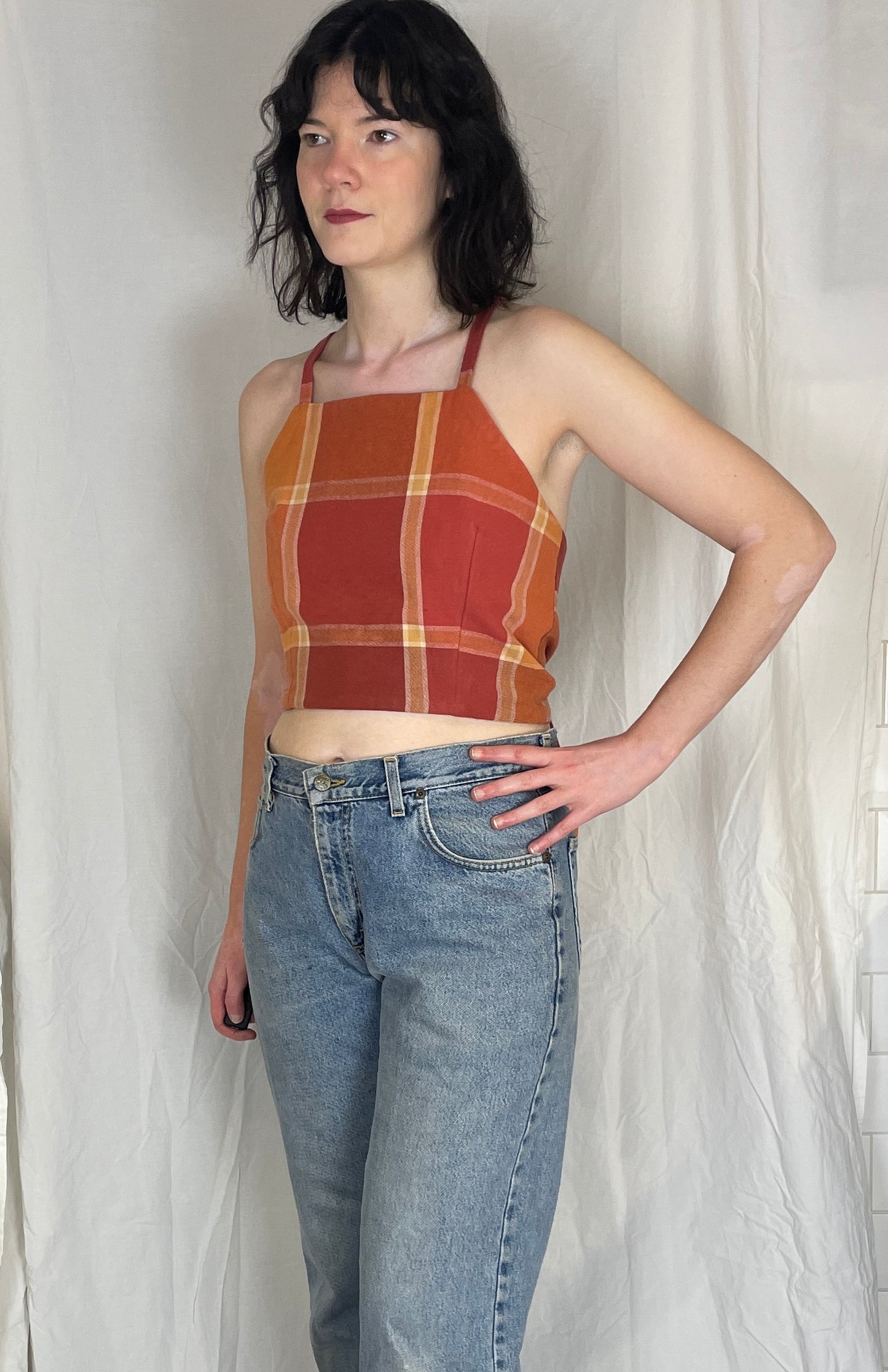 Zarah Handmade Orange Checked Cross Strap Tie Back Crop Top - Up To Size 10