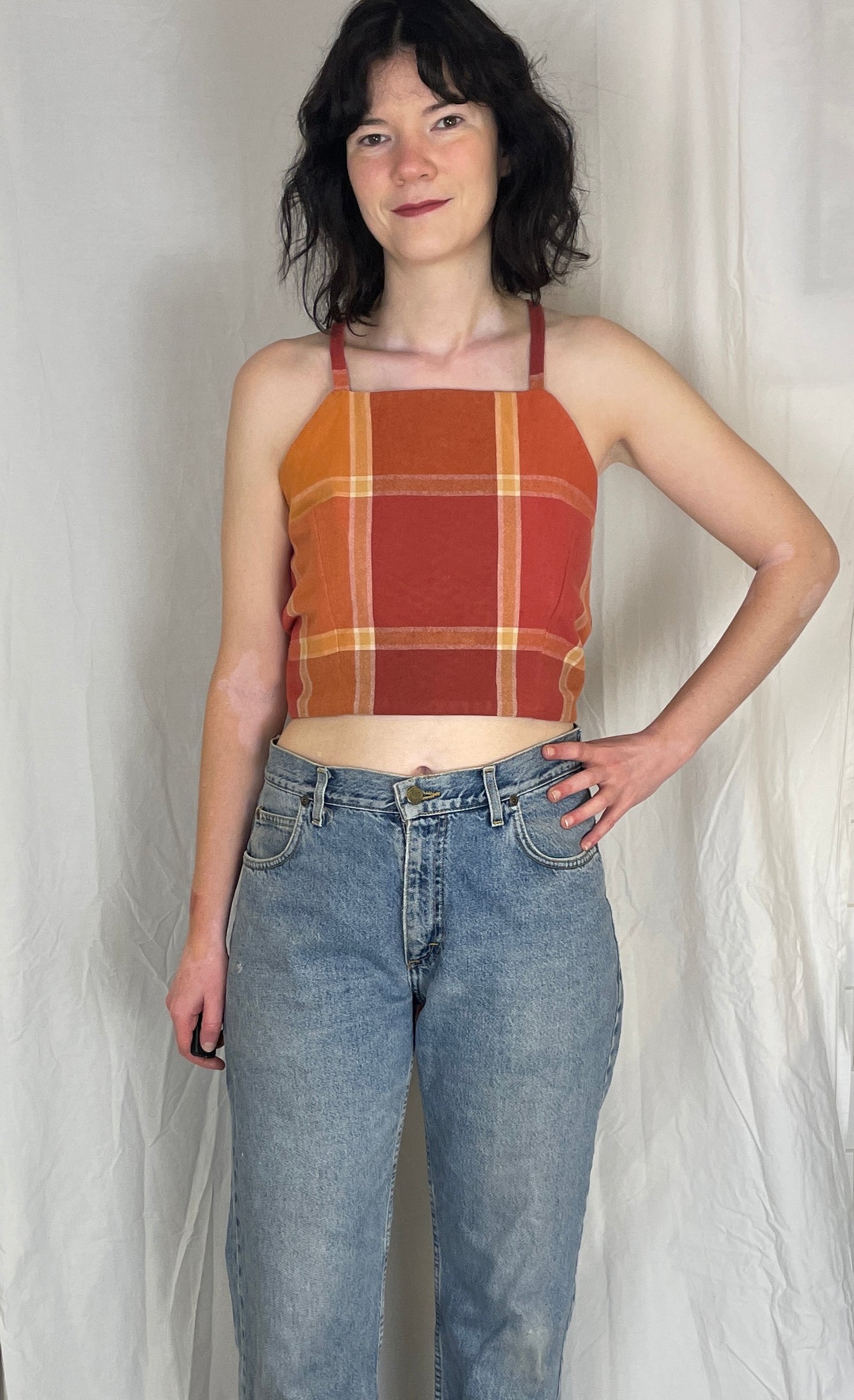 Zarah Handmade Orange Checked Cross Strap Tie Back Crop Top - Up To Size 10