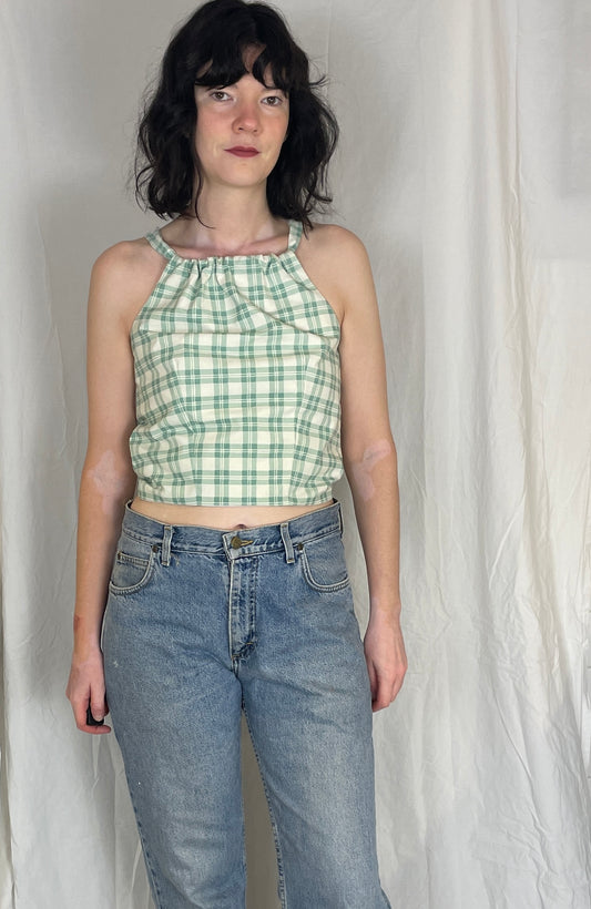 Sally Handmade Green Checked Lace Up Tie Back Crop Top - Up To Size 10