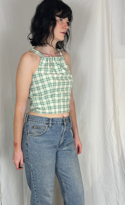 Sally Handmade Green Checked Lace Up Tie Back Crop Top - Up To Size 10