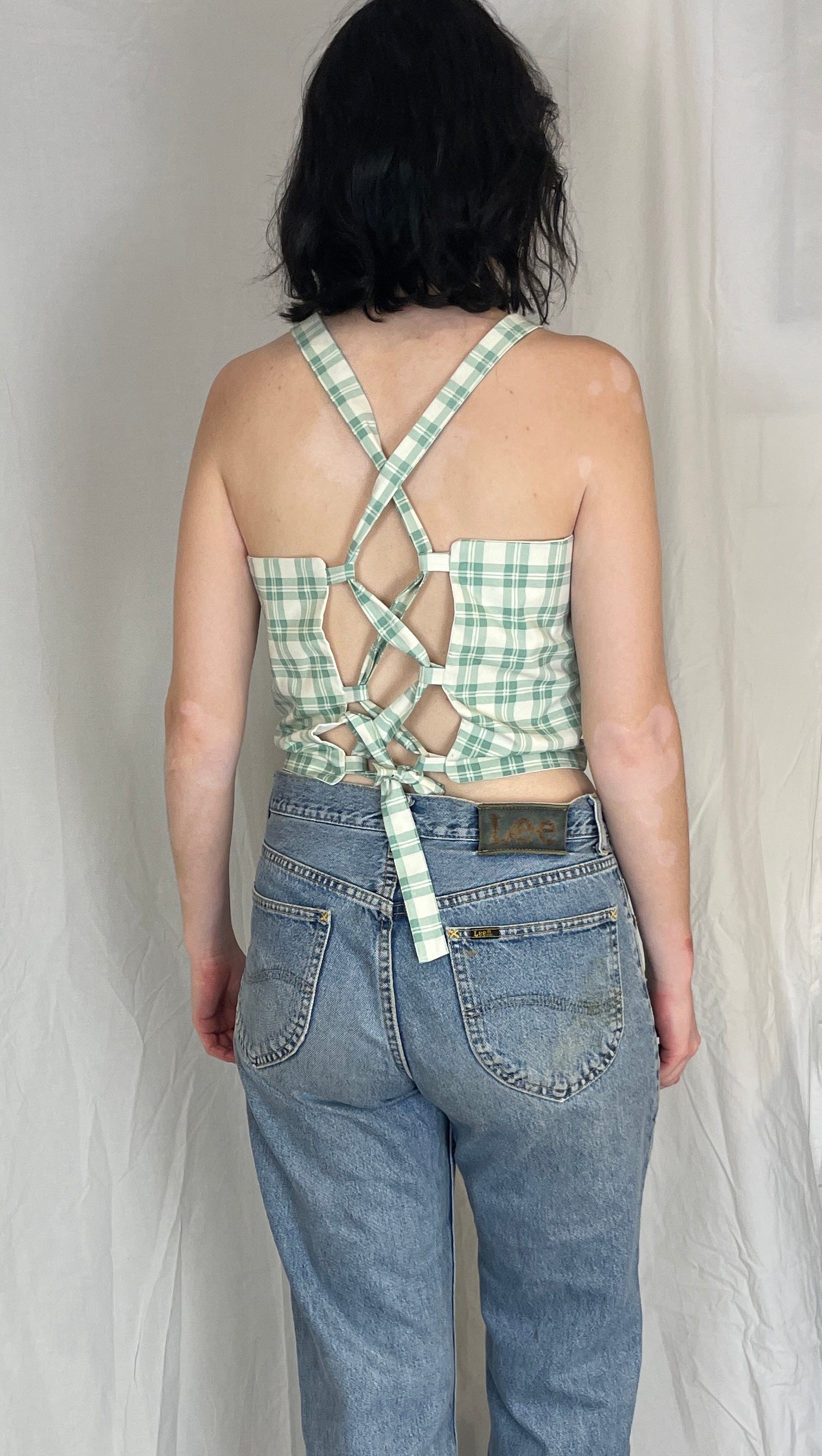 Sally Handmade Green Checked Lace Up Tie Back Crop Top - Up To Size 10