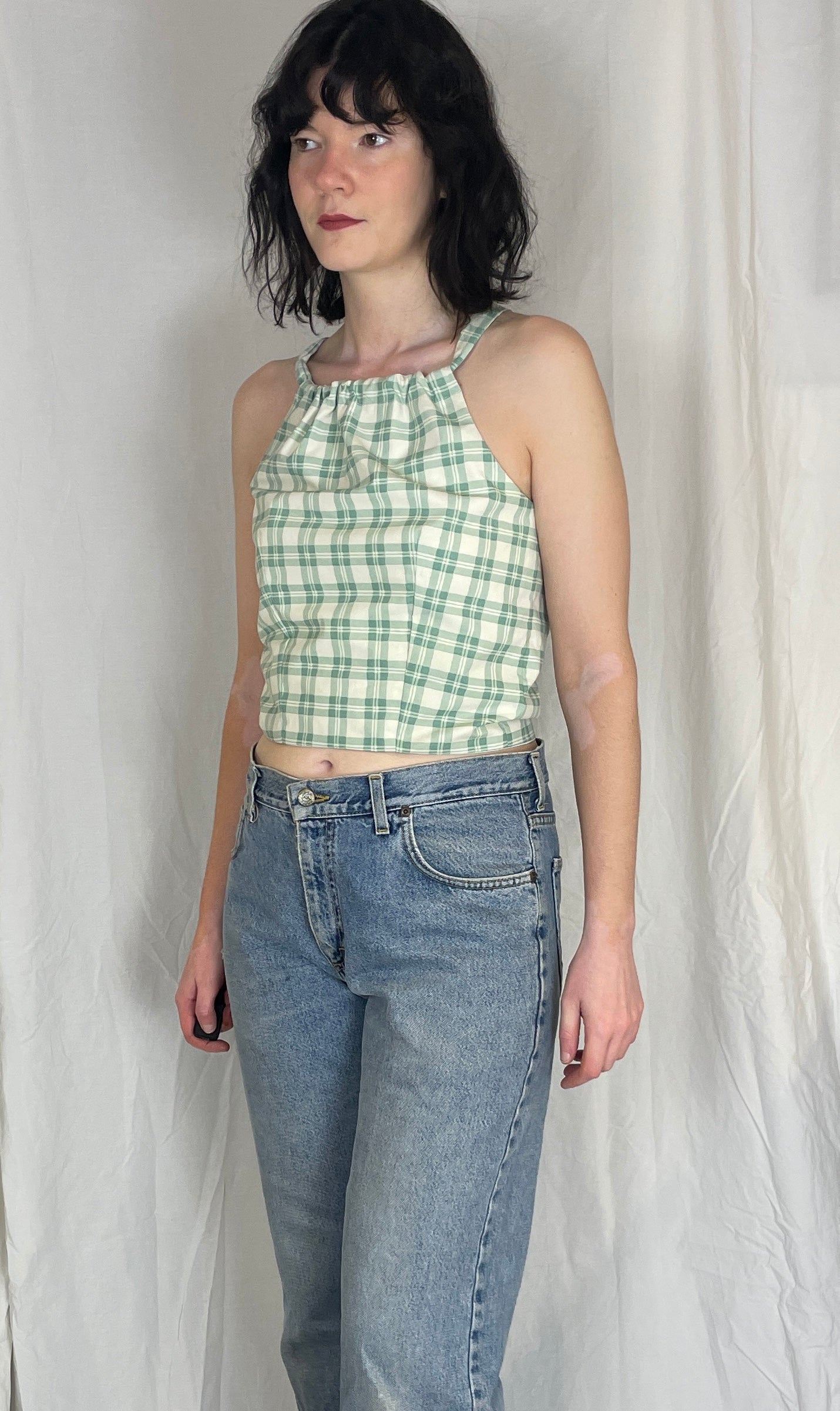 Sally Handmade Green Checked Lace Up Tie Back Crop Top - Up To Size 10
