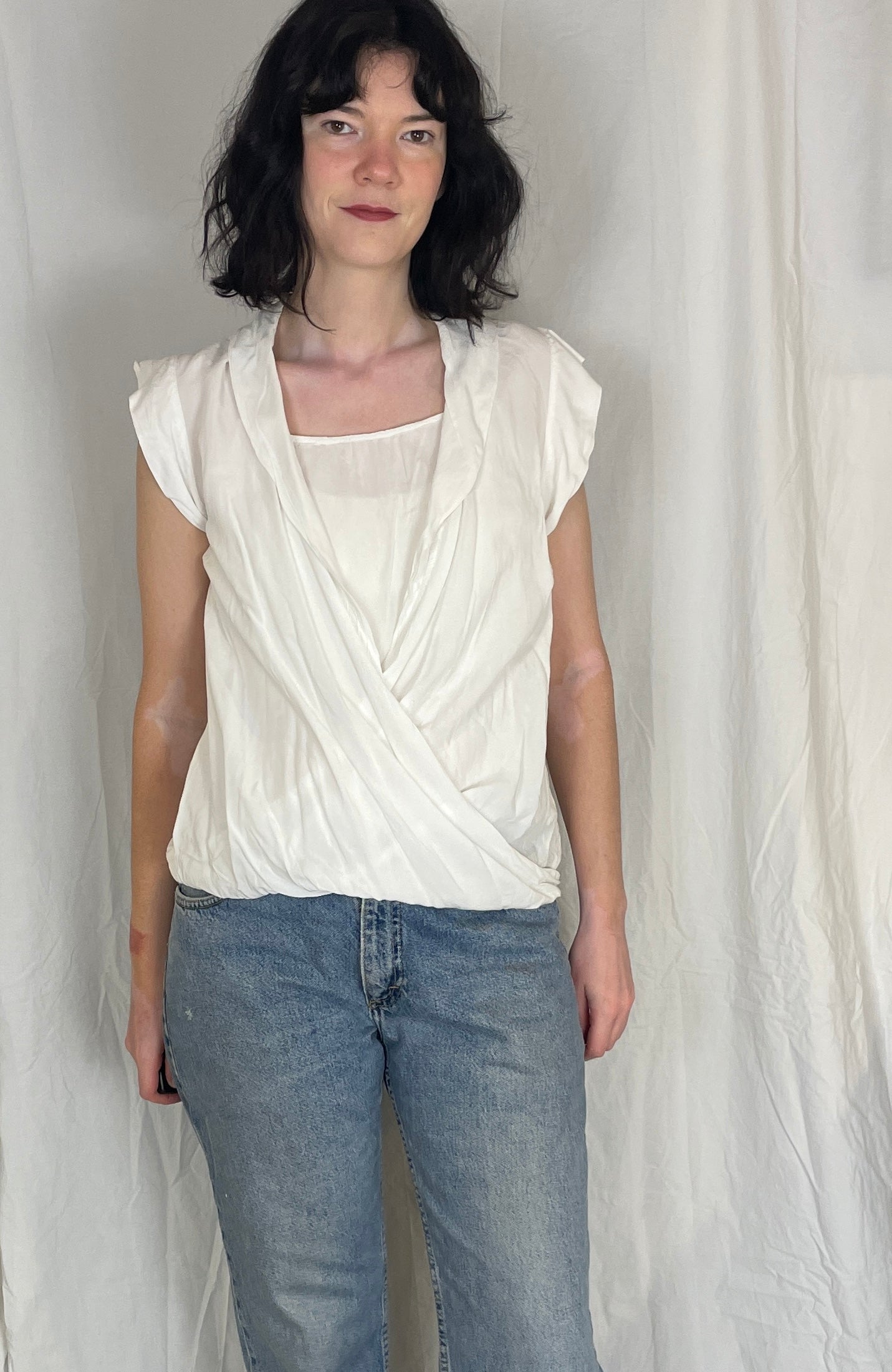 Vintage Y2K White Cross Front Bubble Hem Sleeveless Blouse - Up To Size 10