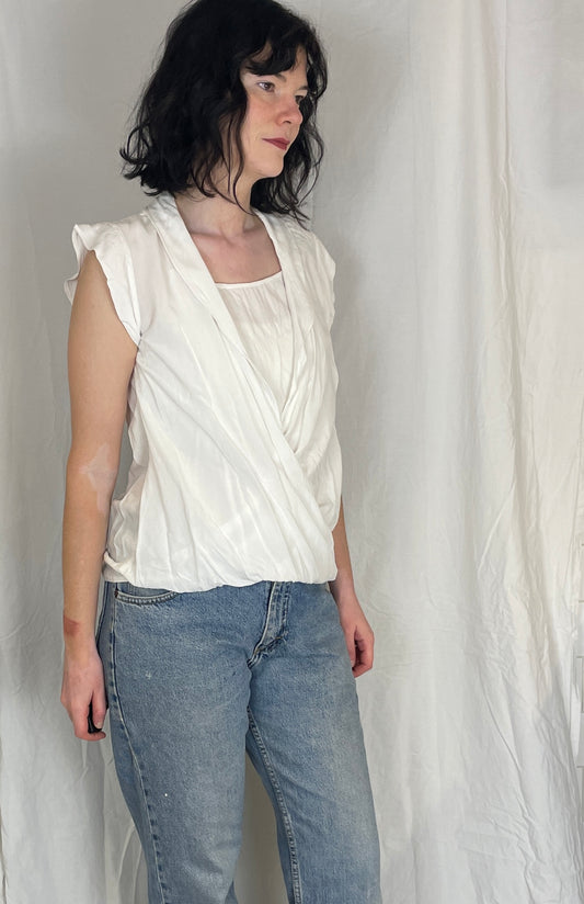 Vintage Y2K White Cross Front Bubble Hem Sleeveless Blouse - Up To Size 10