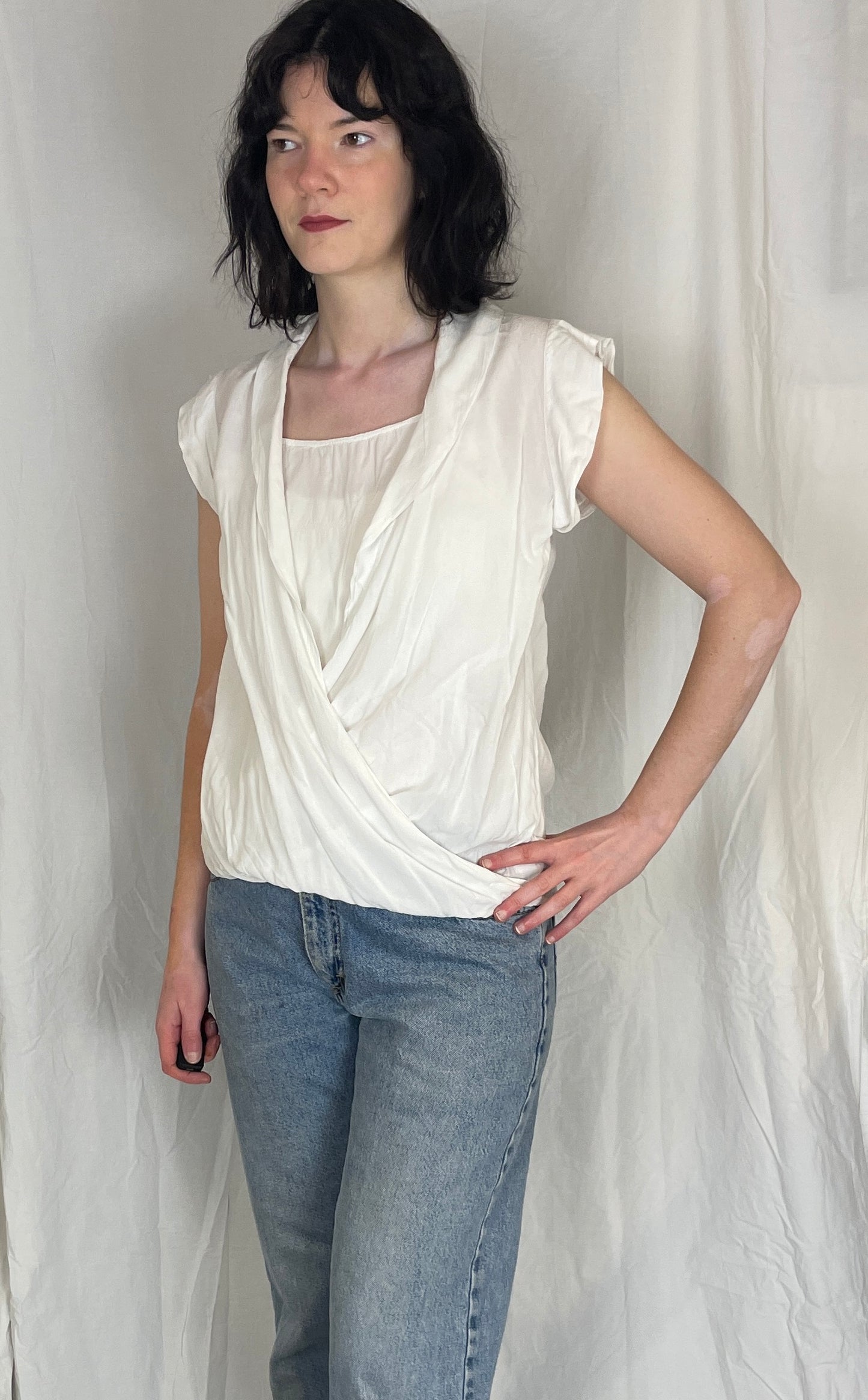 Vintage Y2K White Cross Front Bubble Hem Sleeveless Blouse - Up To Size 10