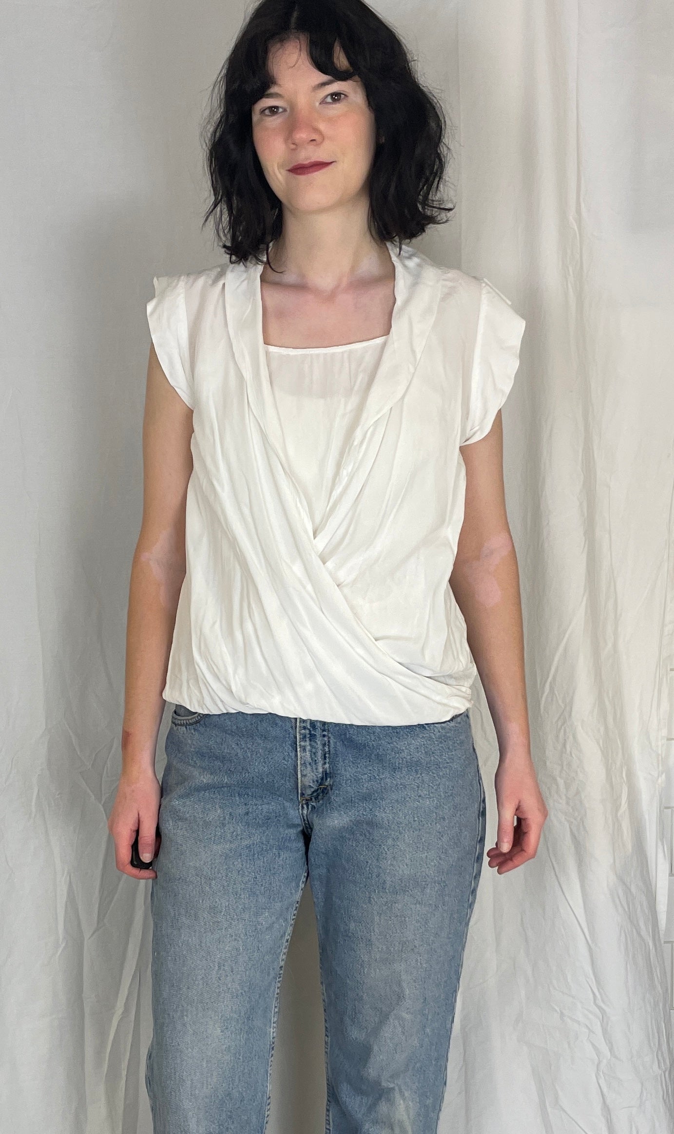 Vintage Y2K White Cross Front Bubble Hem Sleeveless Blouse - Up To Size 10