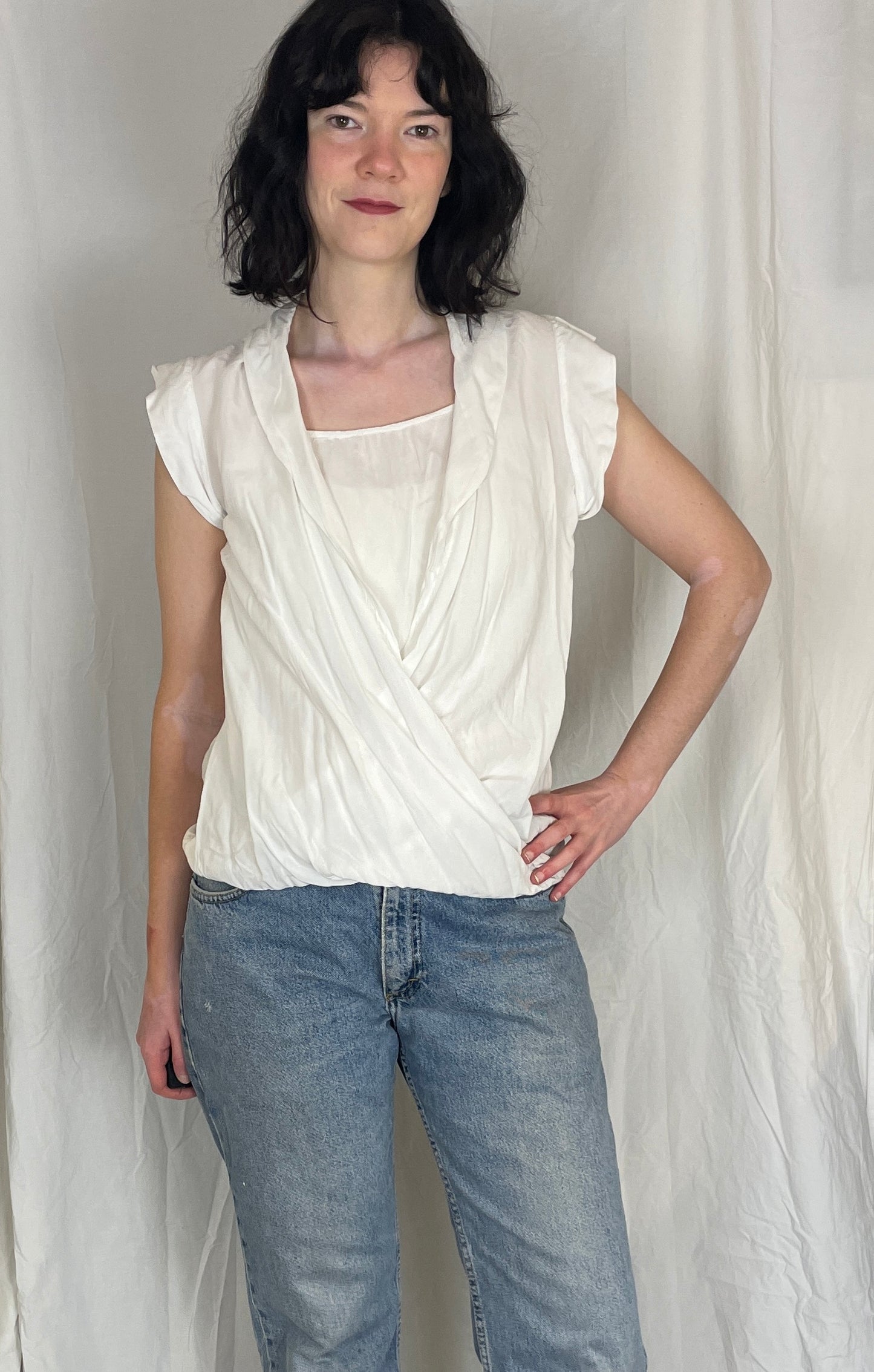 Vintage Y2K White Cross Front Bubble Hem Sleeveless Blouse - Up To Size 10