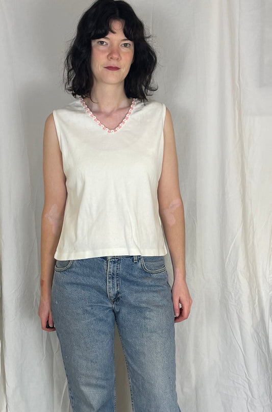 Vintage 90s White Cotton Jersey Embroidered Vest Top - Up To Size 14