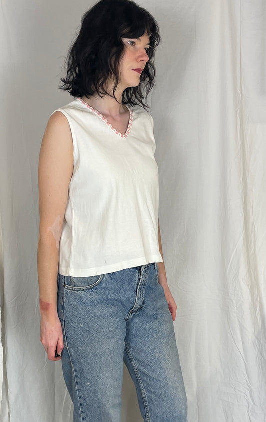 Vintage 90s White Cotton Jersey Embroidered Vest Top - Up To Size 14
