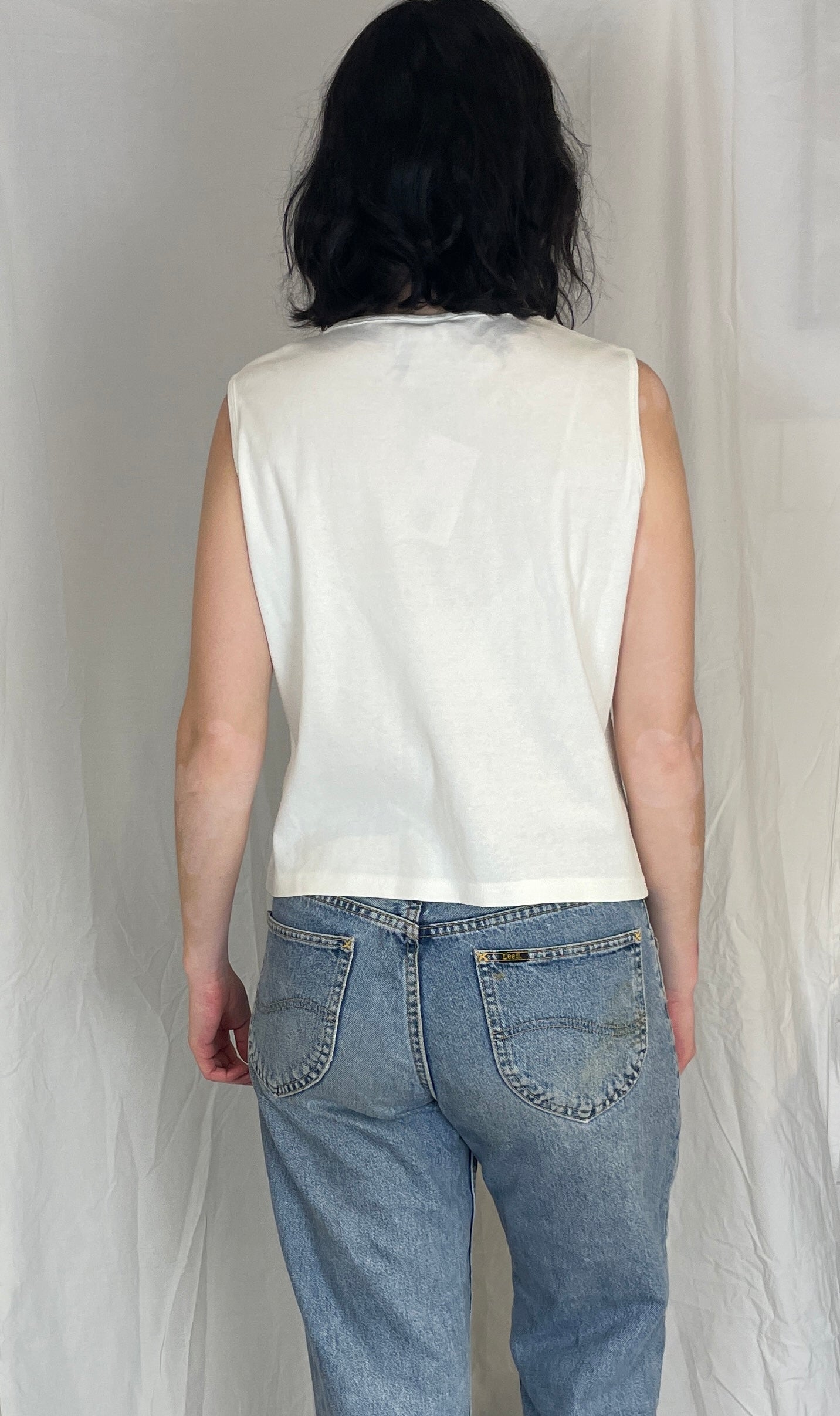Vintage 90s White Cotton Jersey Embroidered Vest Top - Up To Size 14