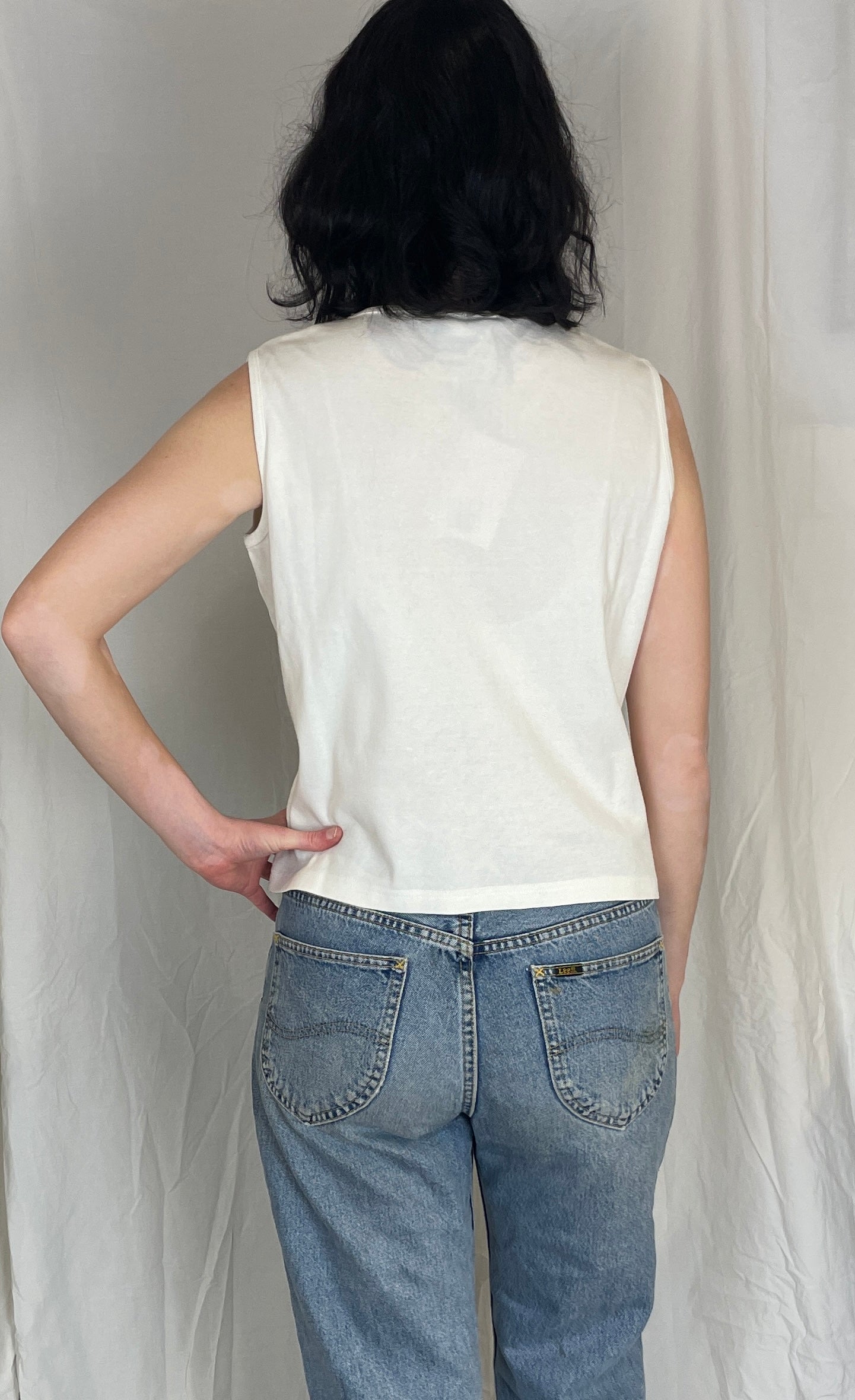 Vintage 90s White Cotton Jersey Embroidered Vest Top - Up To Size 14