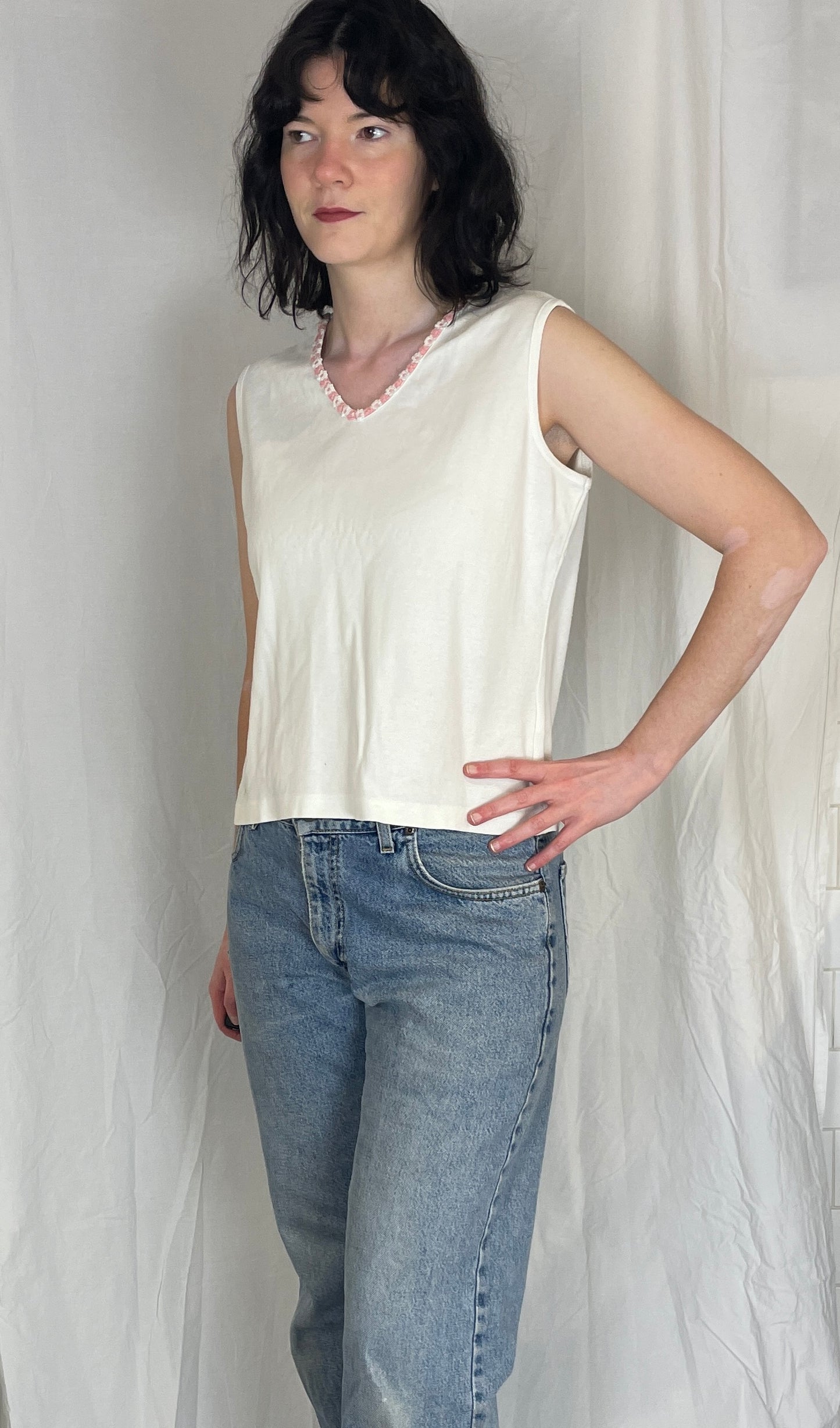 Vintage 90s White Cotton Jersey Embroidered Vest Top - Up To Size 14