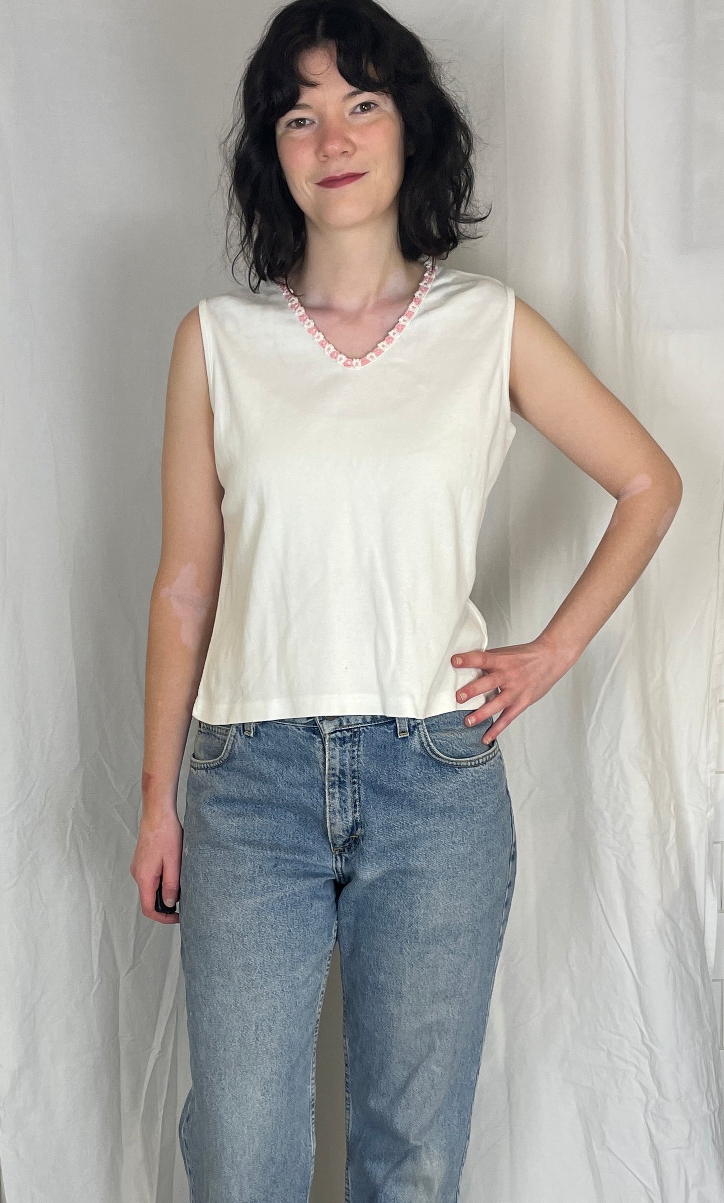 Vintage 90s White Cotton Jersey Embroidered Vest Top - Up To Size 14