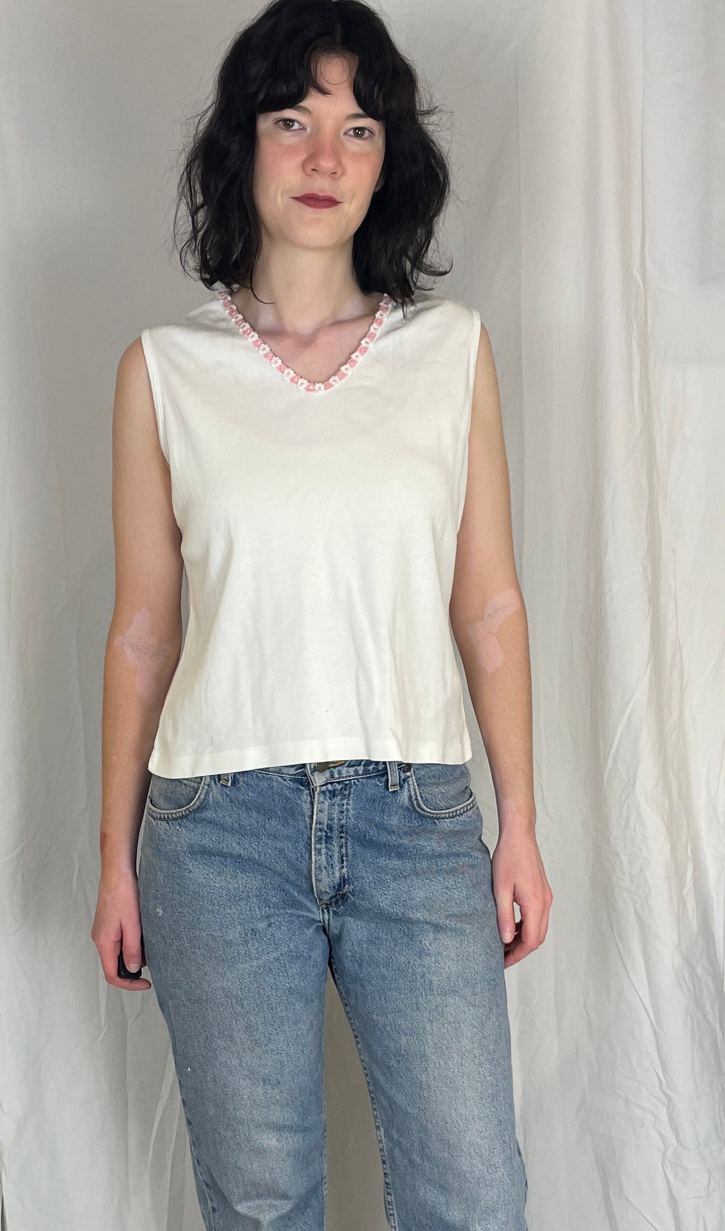 Vintage 90s White Cotton Jersey Embroidered Vest Top - Up To Size 14