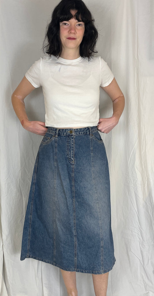Vintage 90s Blue Denim Panelled Midi Skirt - Size 14
