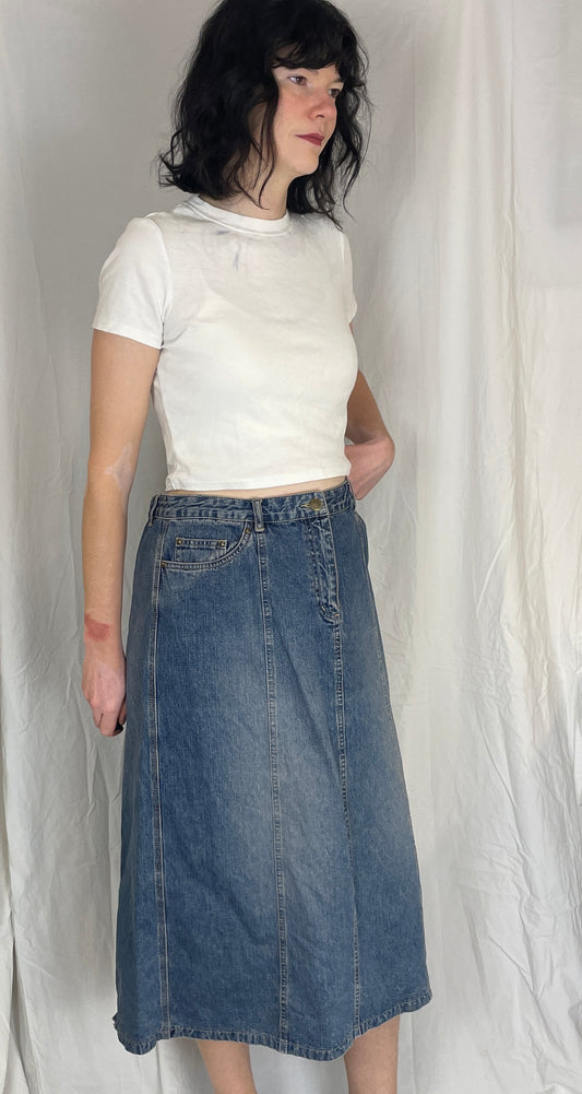 Vintage 90s Blue Denim Panelled Midi Skirt - Size 14