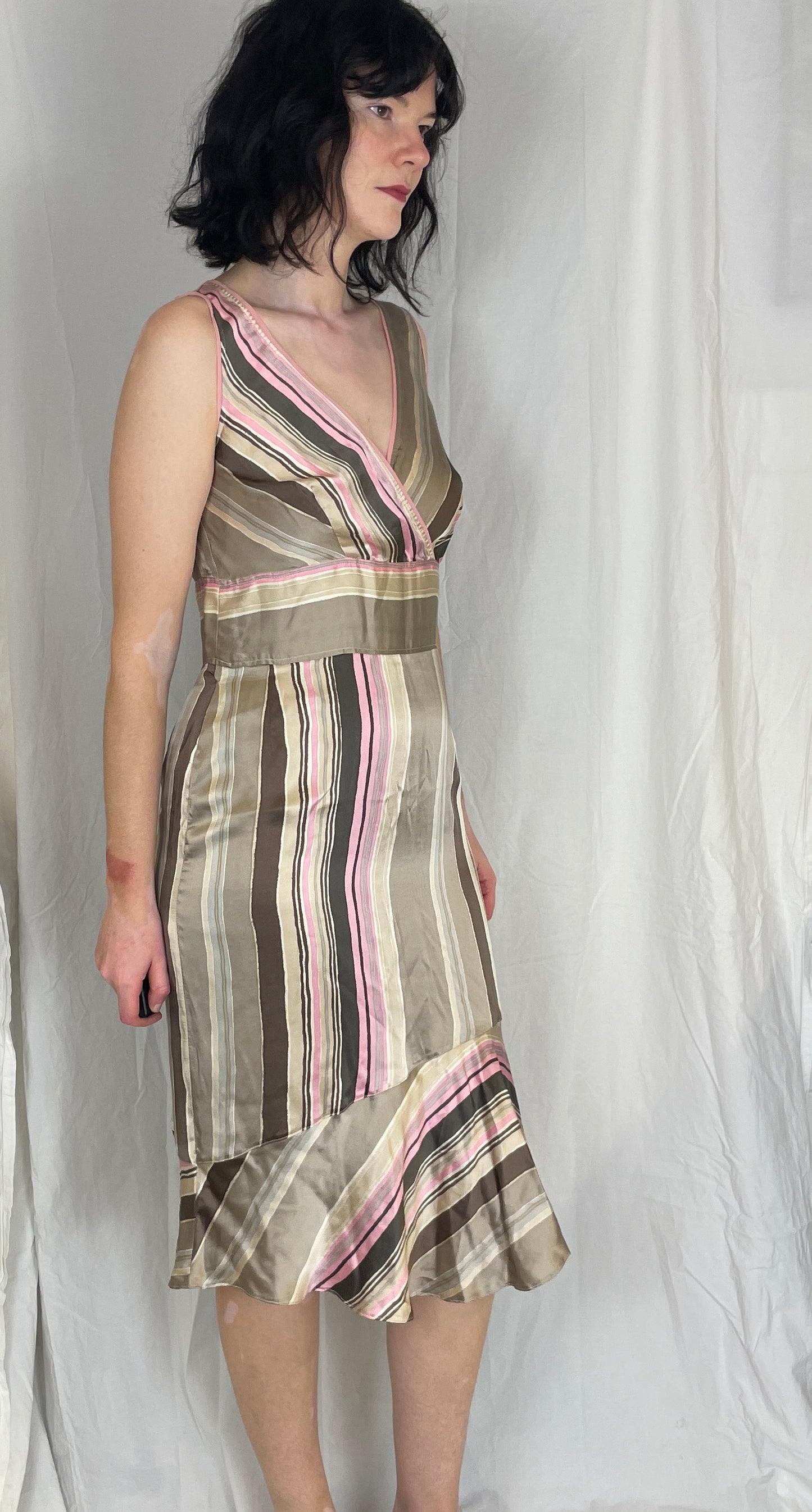 Vintage 90s Pink Striped Ruffle Hem Silk Midi Dress - Up To Size 10