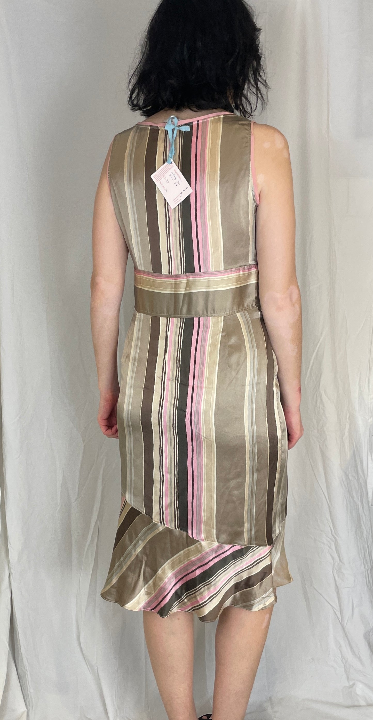 Vintage 90s Pink Striped Ruffle Hem Silk Midi Dress - Up To Size 10