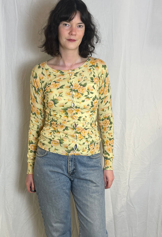 Vintage Y2K Yellow and Pink Rose Print Cardigan - Up To Size 8