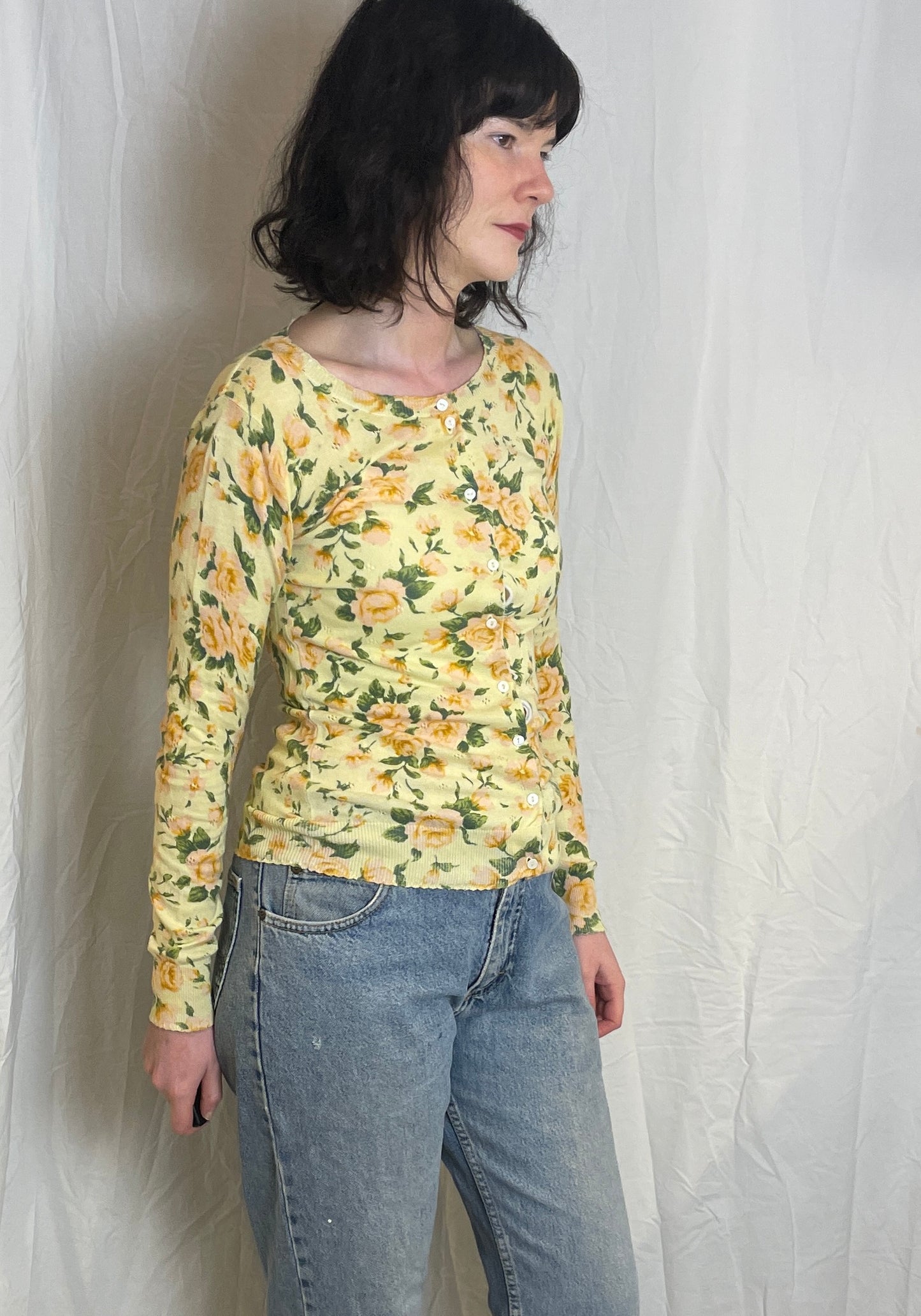 Vintage Y2K Yellow and Pink Rose Print Cardigan - Up To Size 8