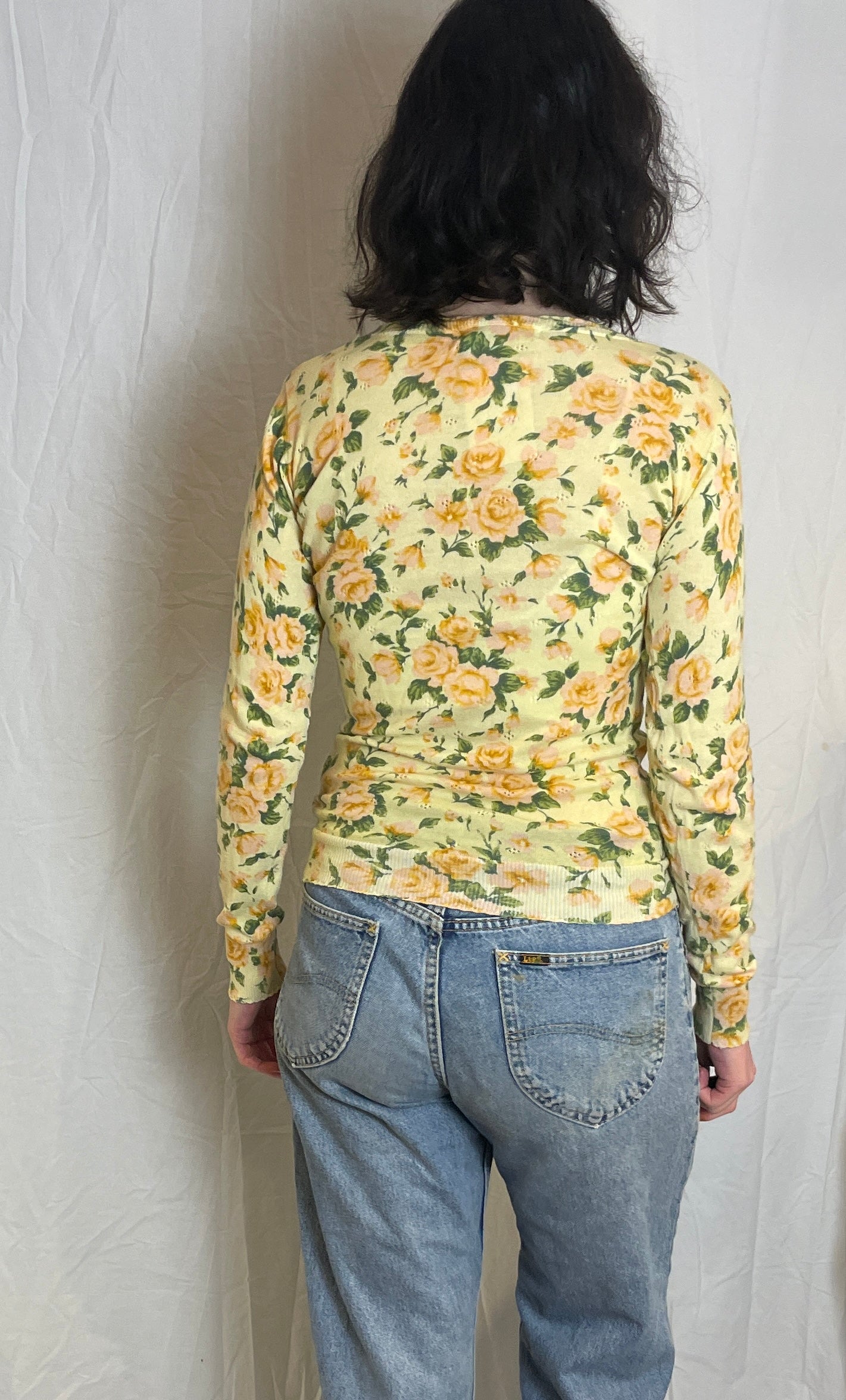 Vintage Y2K Yellow and Pink Rose Print Cardigan - Up To Size 8
