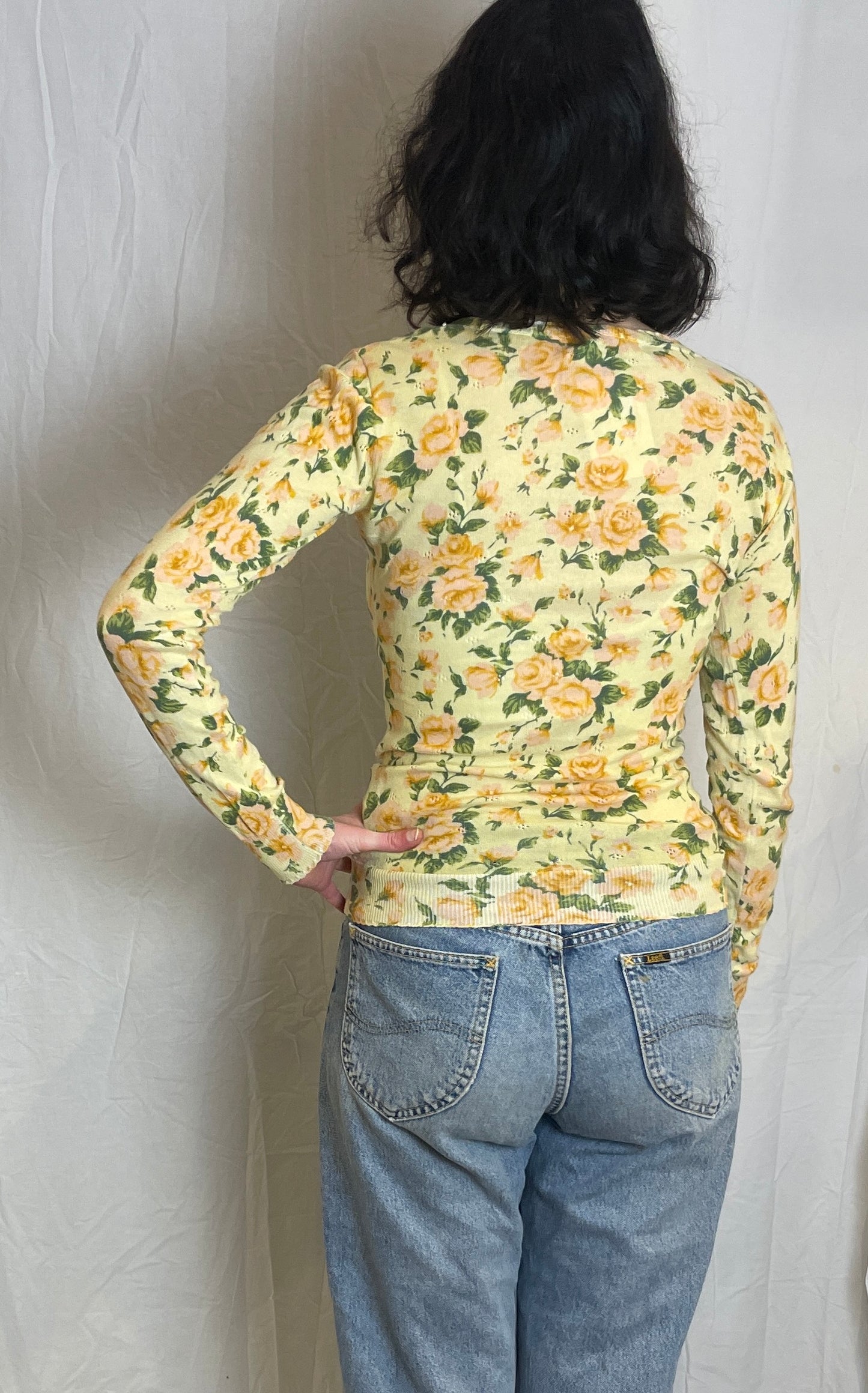 Vintage Y2K Yellow and Pink Rose Print Cardigan - Up To Size 8