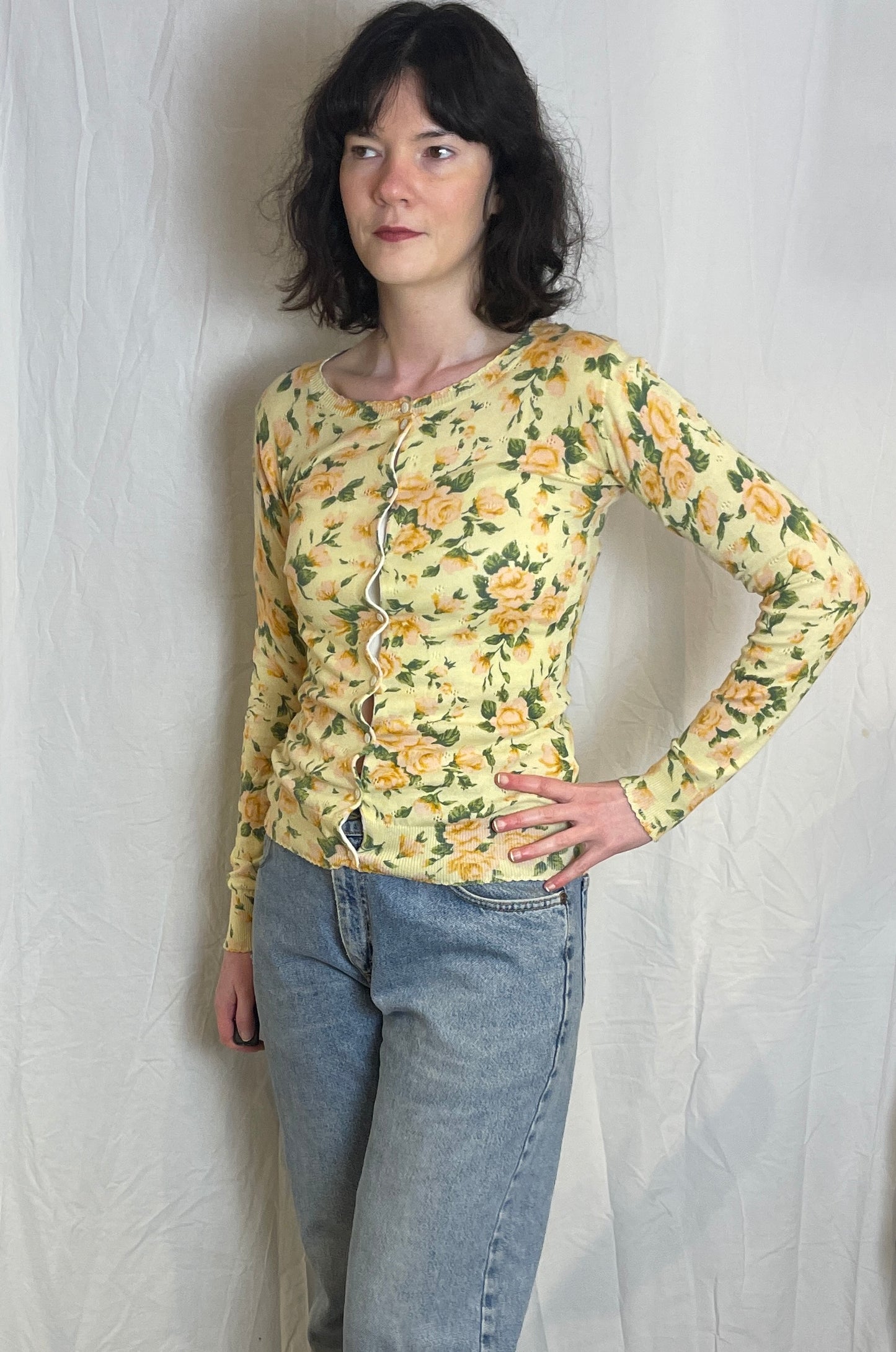 Vintage Y2K Yellow and Pink Rose Print Cardigan - Up To Size 8