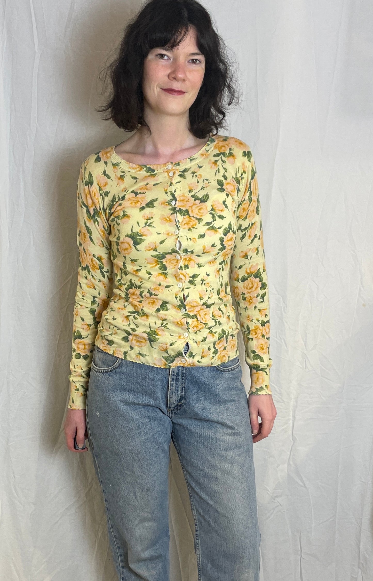 Vintage Y2K Yellow and Pink Rose Print Cardigan - Up To Size 8