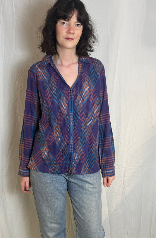 Vintage Y2K Purple Checked Pintucked V-neck Shirt - Up To Size 14