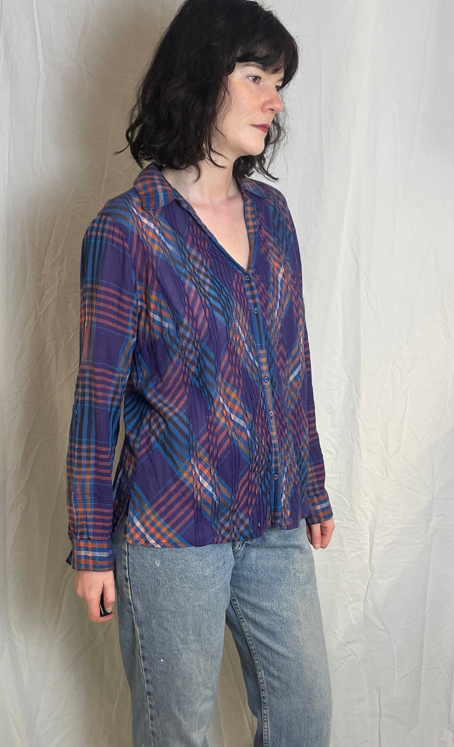 Vintage Y2K Purple Checked Pintucked V-neck Shirt - Up To Size 14