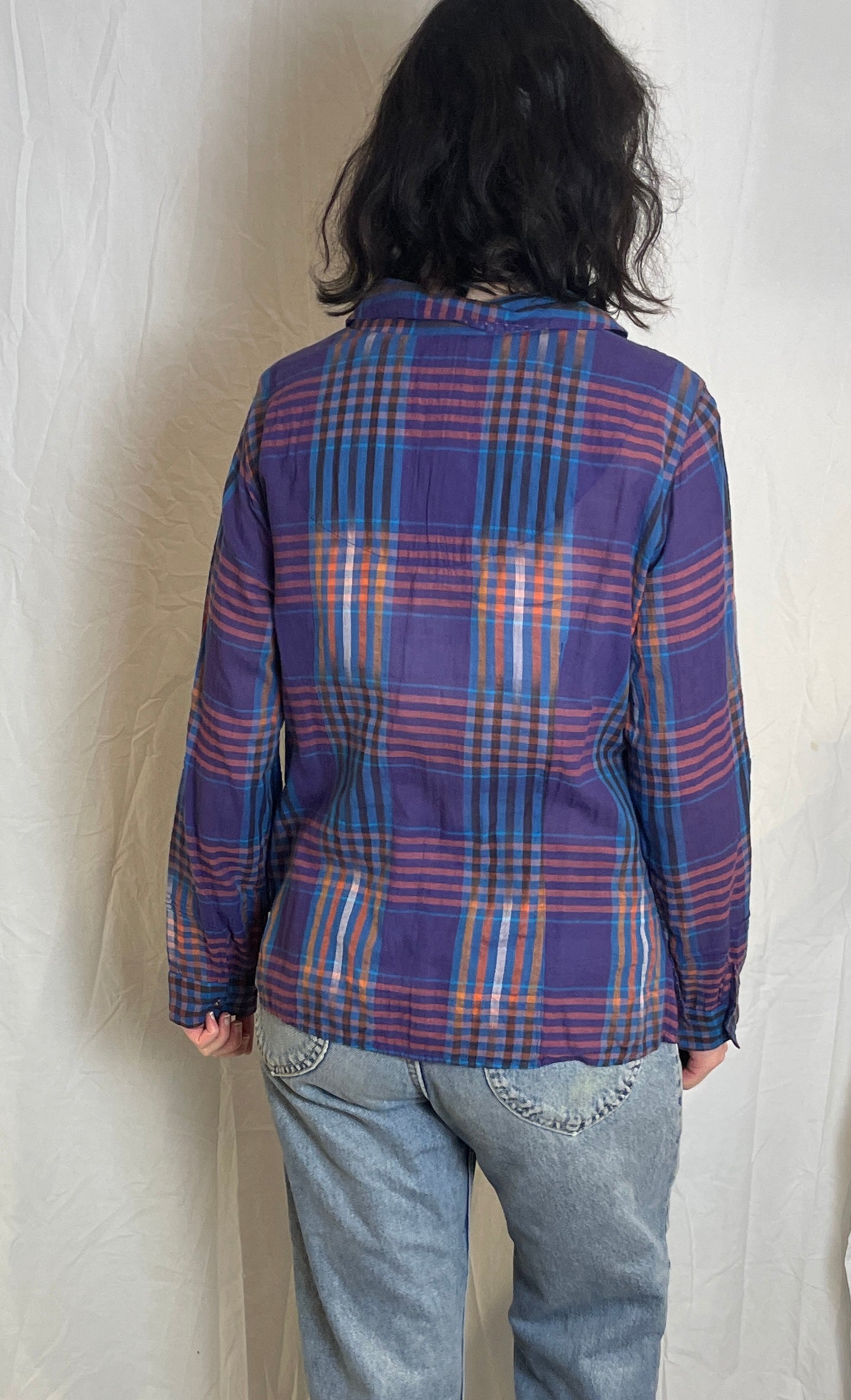 Vintage Y2K Purple Checked Pintucked V-neck Shirt - Up To Size 14