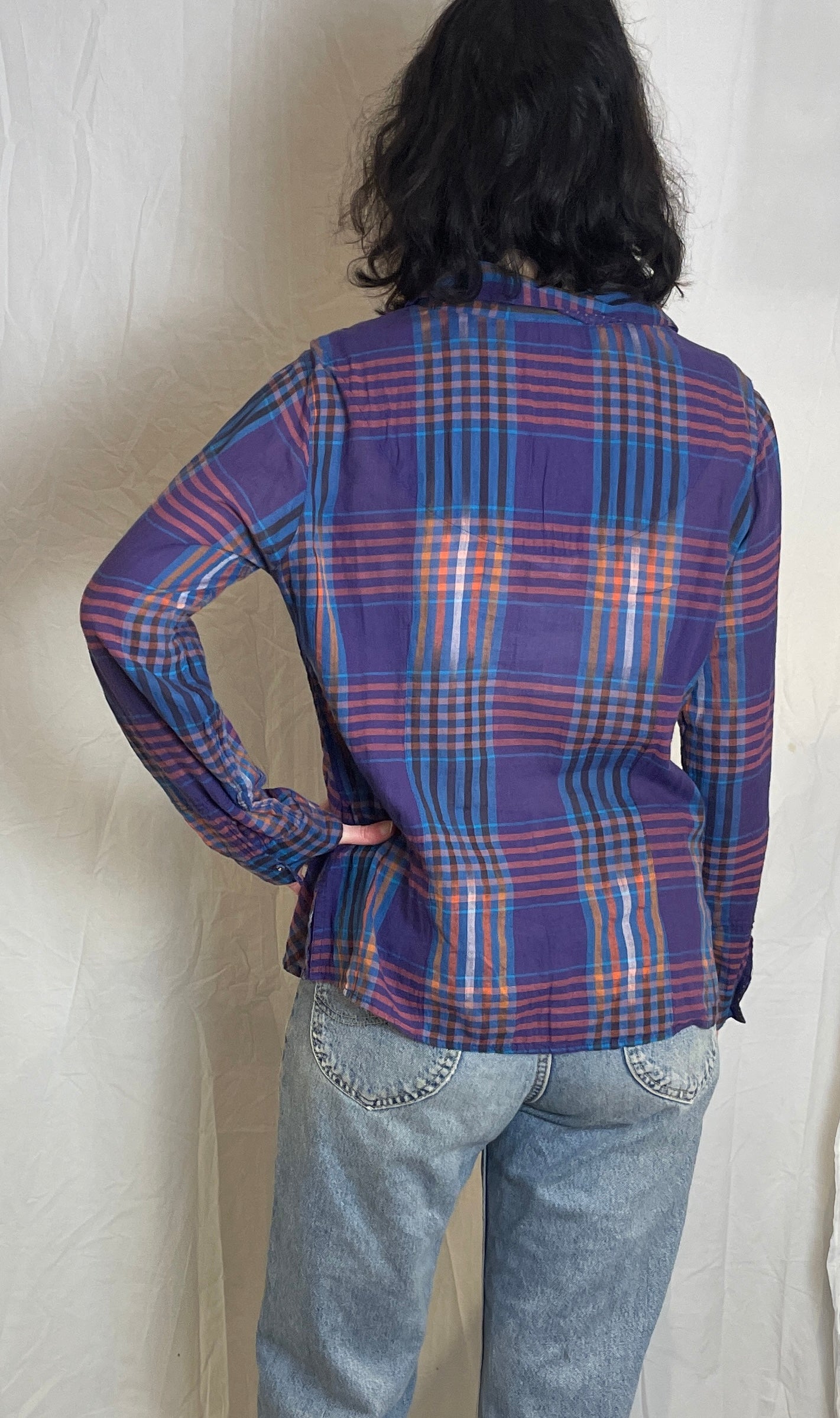 Vintage Y2K Purple Checked Pintucked V-neck Shirt - Up To Size 14