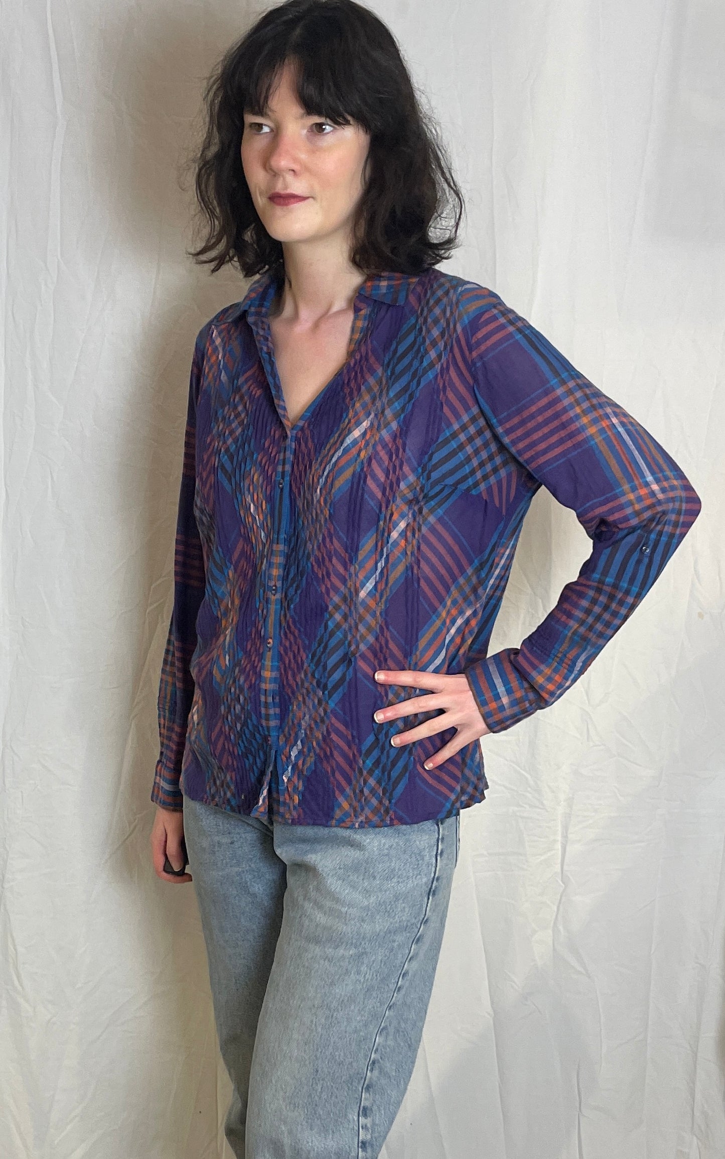 Vintage Y2K Purple Checked Pintucked V-neck Shirt - Up To Size 14