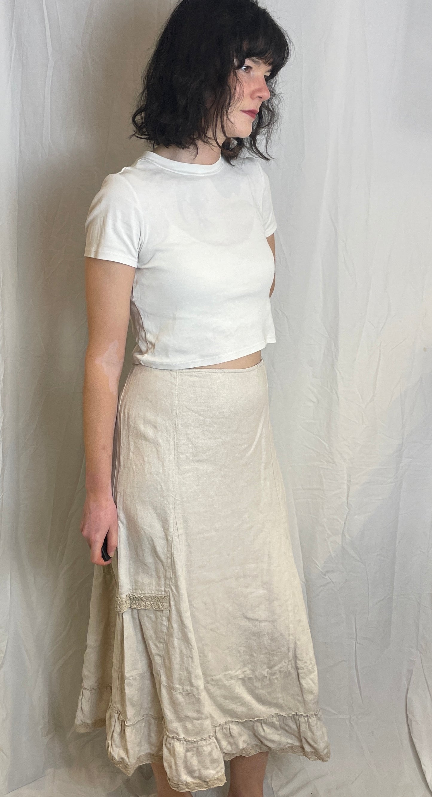 Vintage Y2K Beige Lace Trim Ruffle Hem Linen Maxi Skirt - Size 12